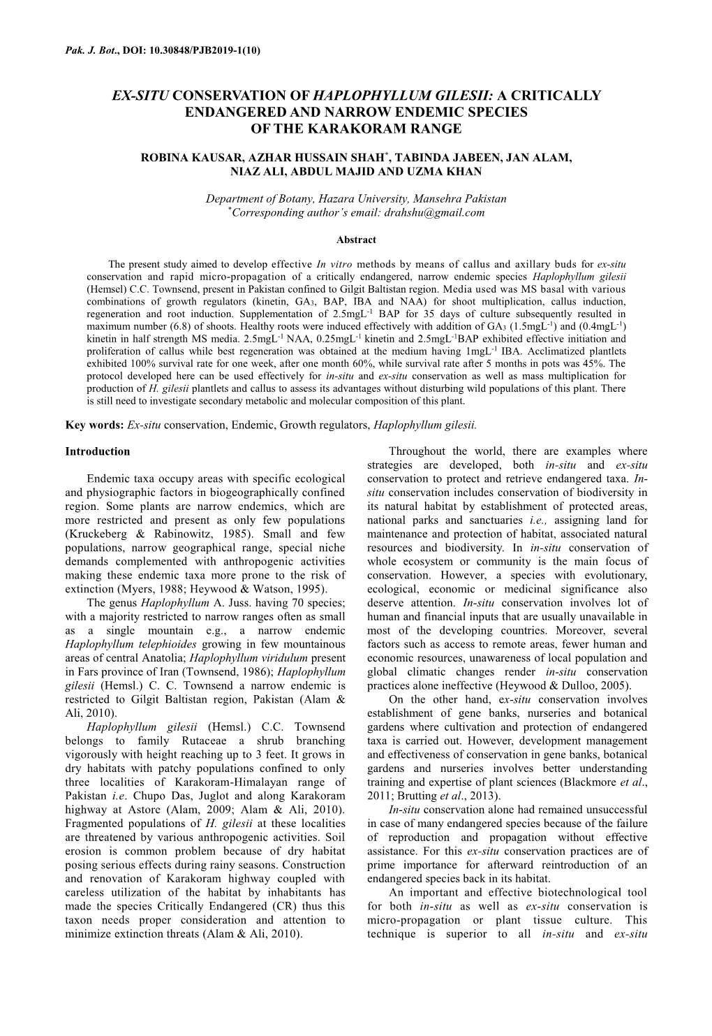 Ex-Situ Conservation of Haplophyllum Gilesii: a Critically Endangered and Narrow Endemic Species of the Karakoram Range