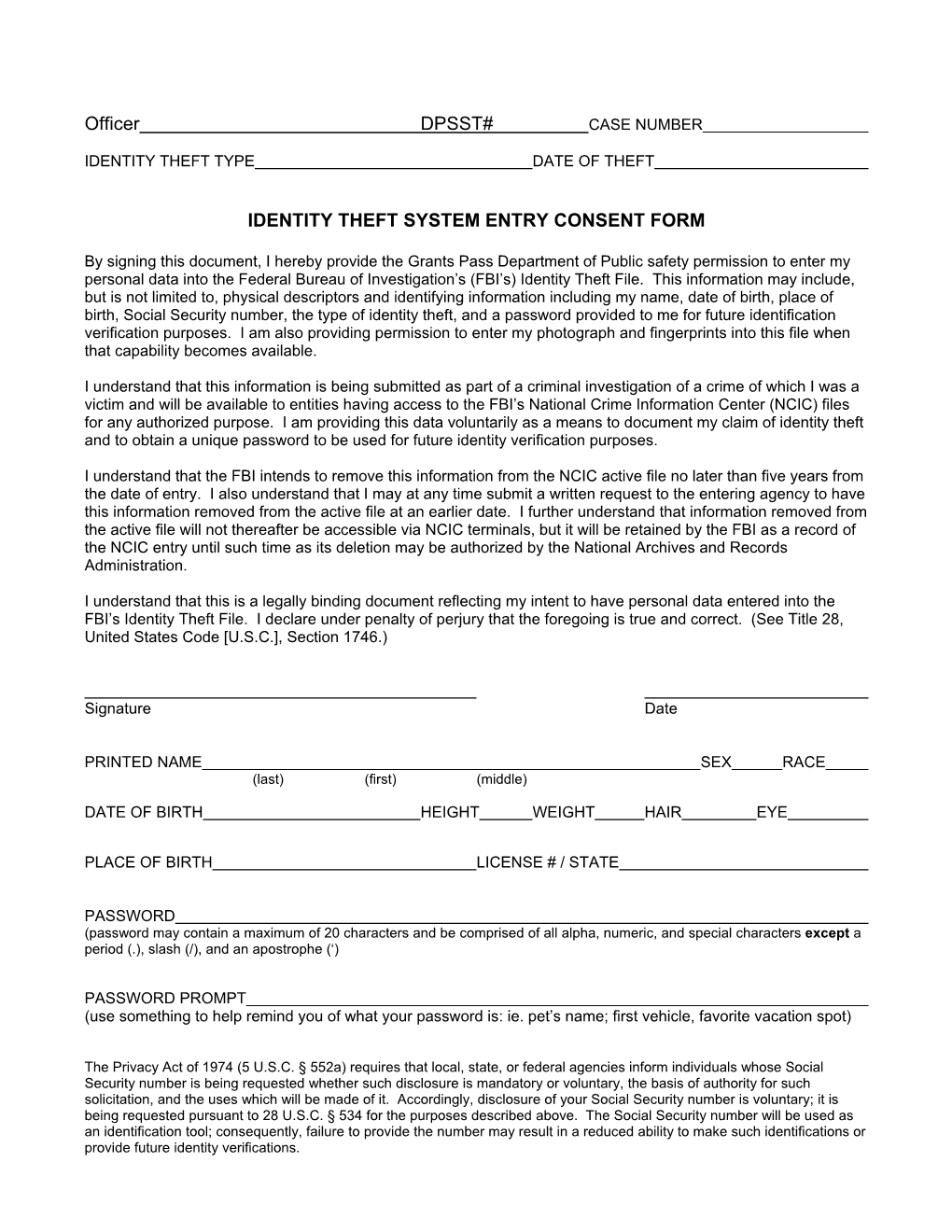 Identity Theft System Entry Consent Form