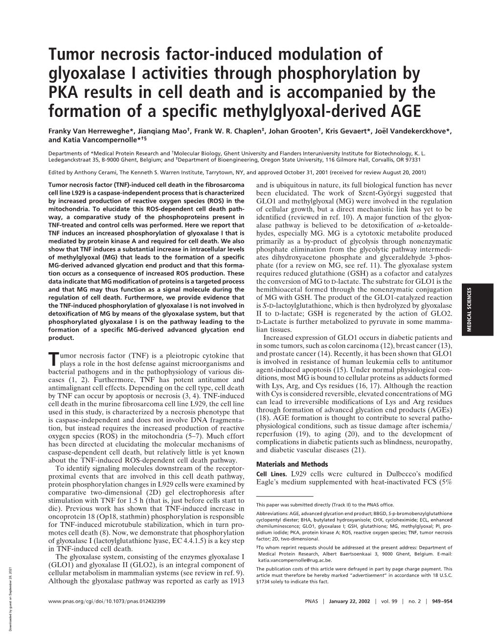 Tumor Necrosis Factor-Induced Modulation of Glyoxalase I Activities