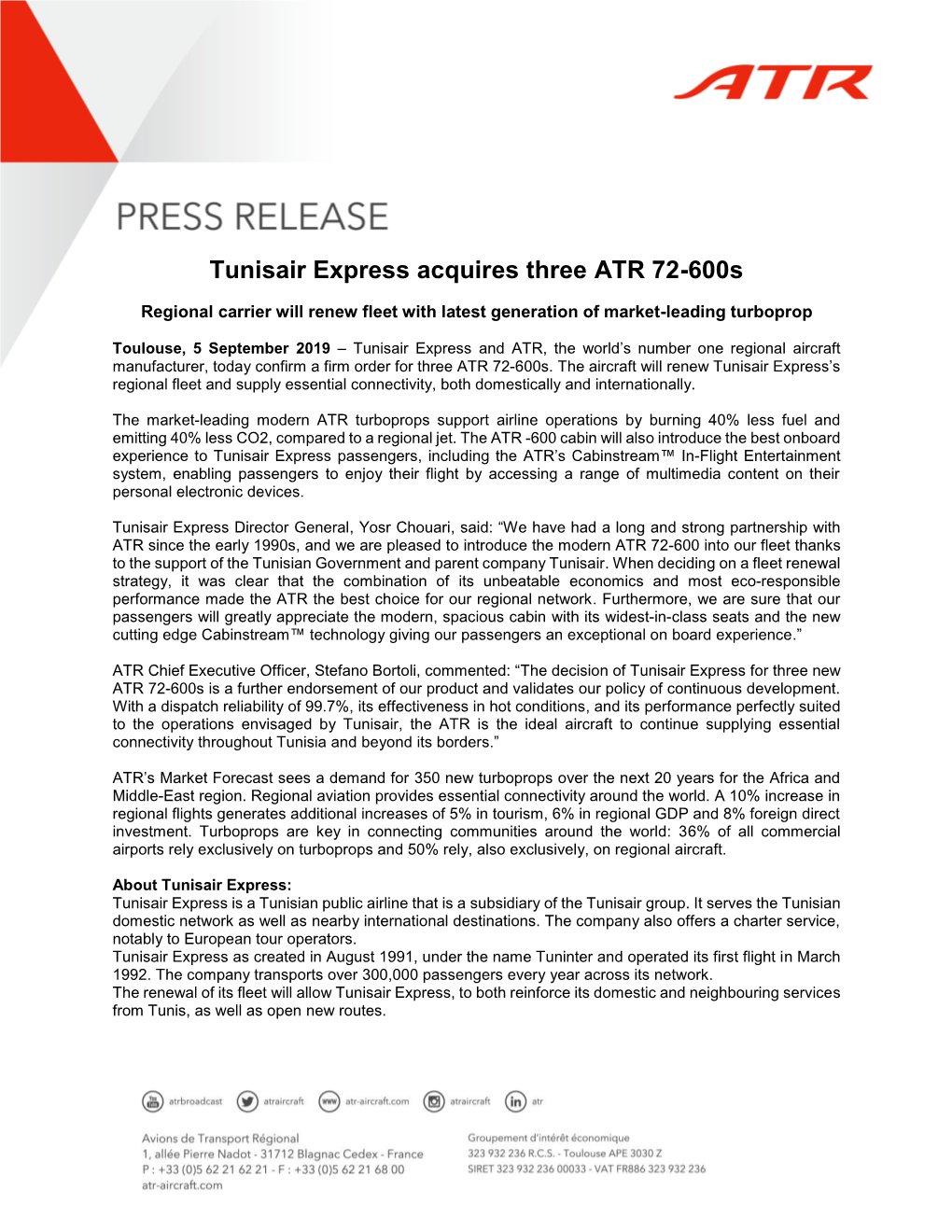 Tunisair Express Acquires Three ATR 72-600S