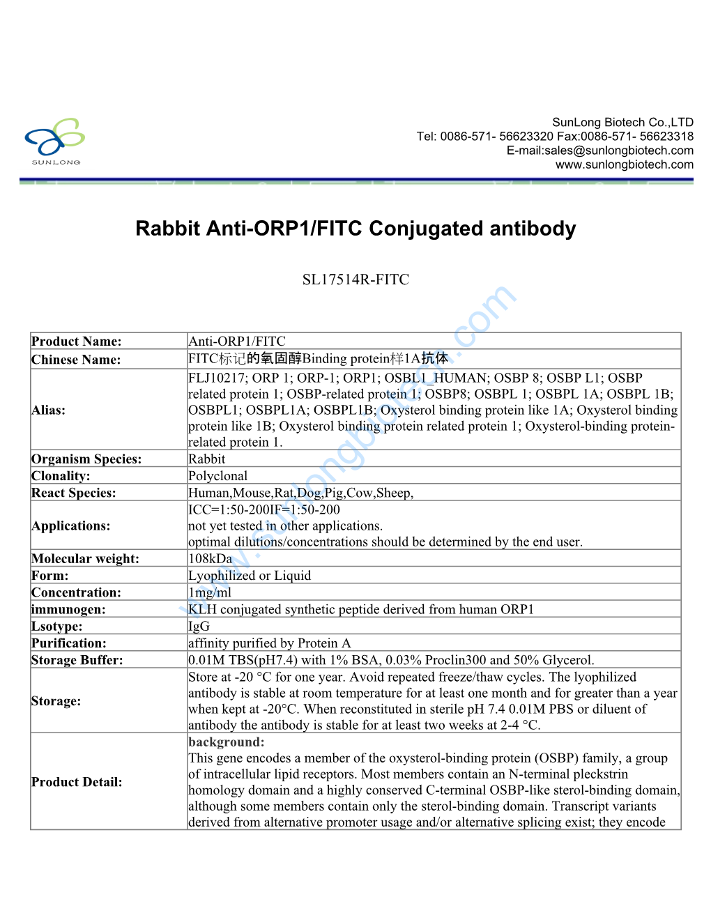 Rabbit Anti-ORP1/FITC Conjugated Antibody