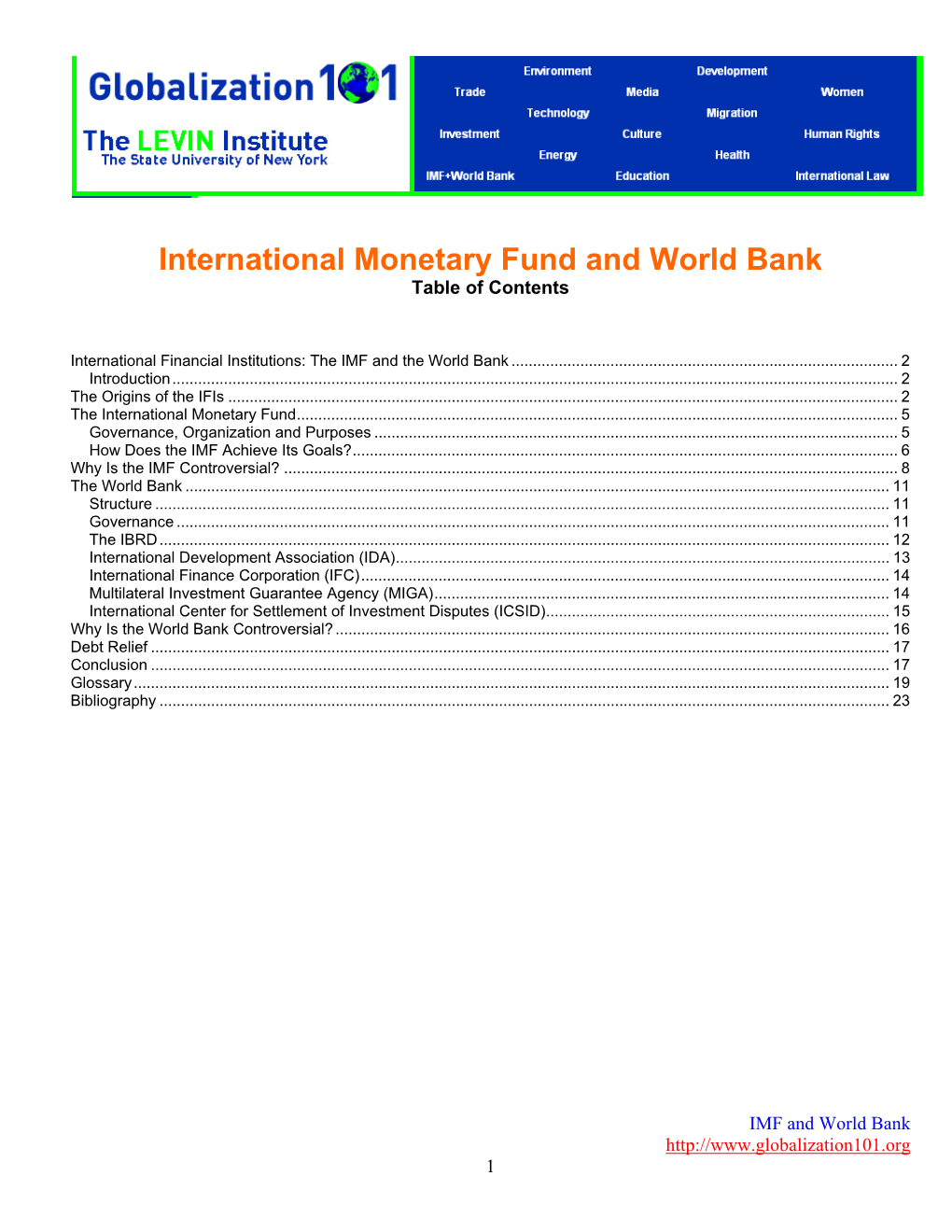 International Monetary Fund and World Bank Table of Contents