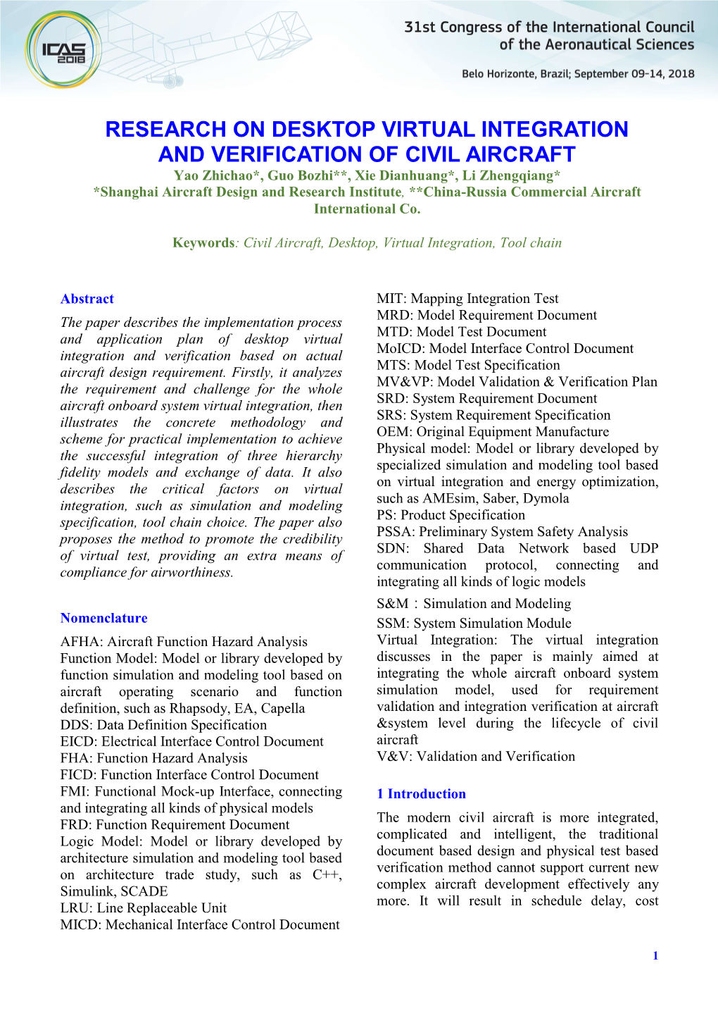 Research on Desktop and Verification O Arch on Desktop Virtual Integration and Verification of Civil Aircraft Tual Integration I