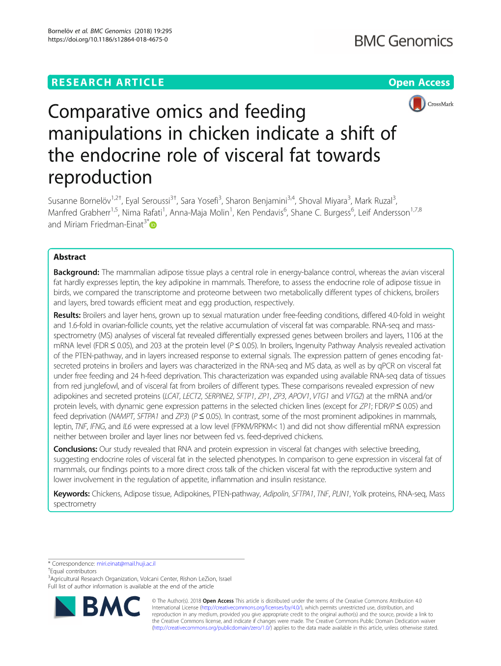 Comparative Omics and Feeding Manipulations in Chicken Indicate a Shift of the Endocrine Role of Visceral Fat Towards Reproducti