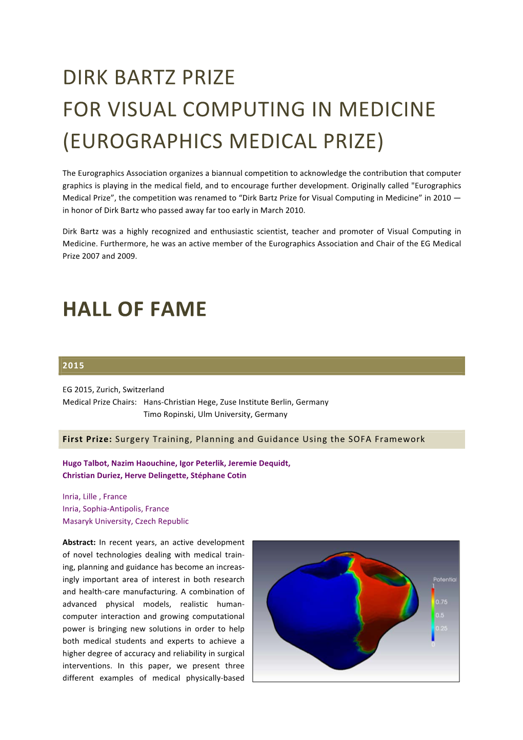 Dirk Bartz Prize for Visual Computing in Medicine (Eurographics Medical Prize)