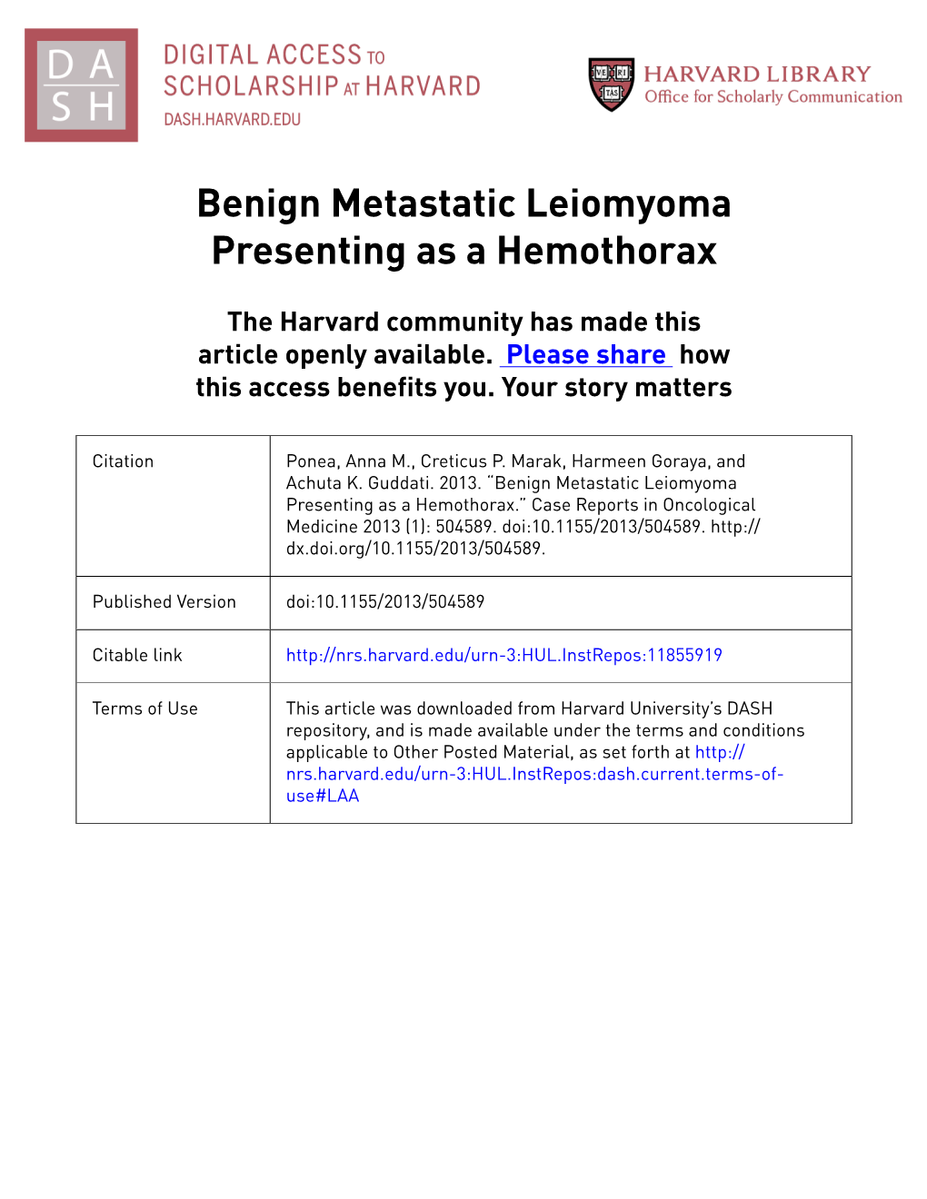 Benign Metastatic Leiomyoma Presenting As a Hemothorax