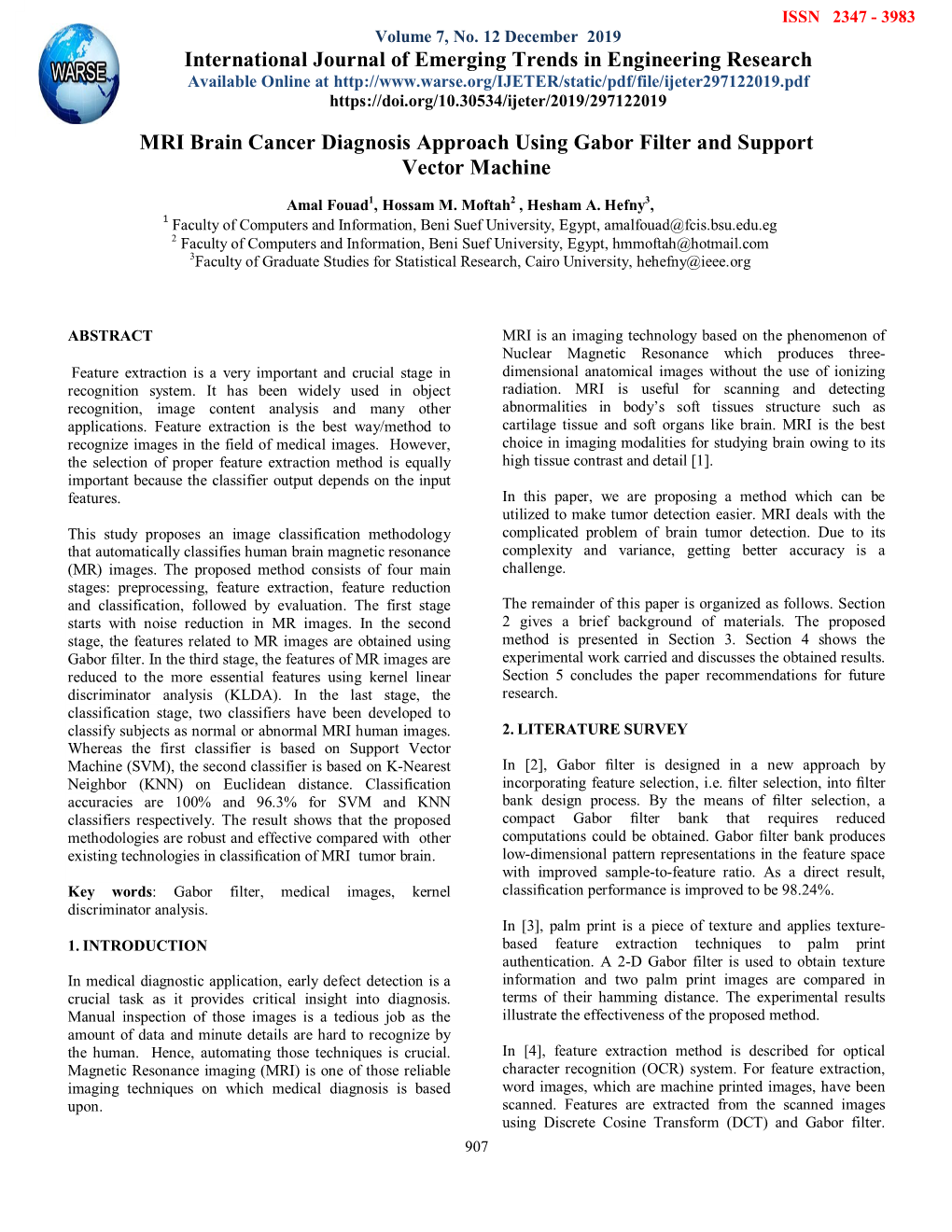 MRI Brain Cancer Diagnosis Approach Using Gabor Filter and Support Vector Machine