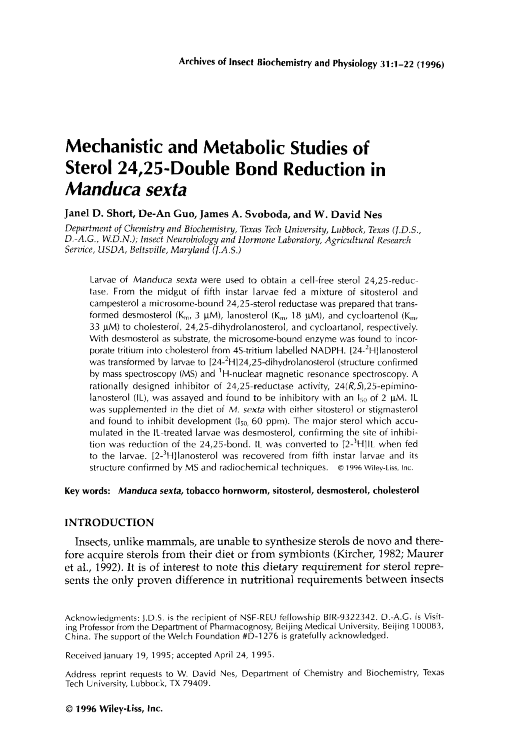 Mechanistic and Metabolic Studies of Sterol 24,25-Double Bond Reduction in Manduca Sexta