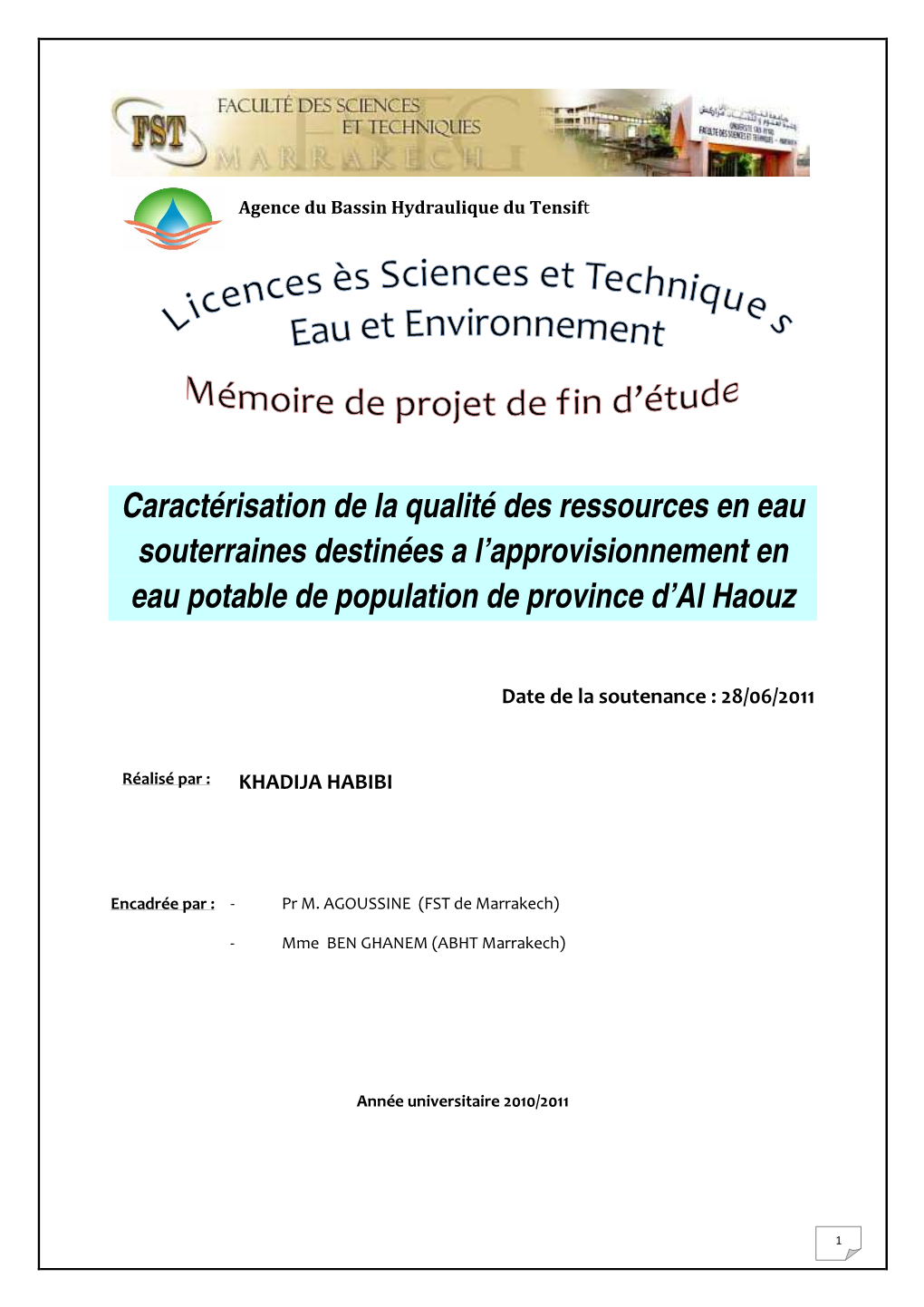 Caractérisation De La Qualité Des Ressources En Eau Souterraines Destinées a L’Approvisionnement En Eau Potable De Population De Province D’Al Haouz