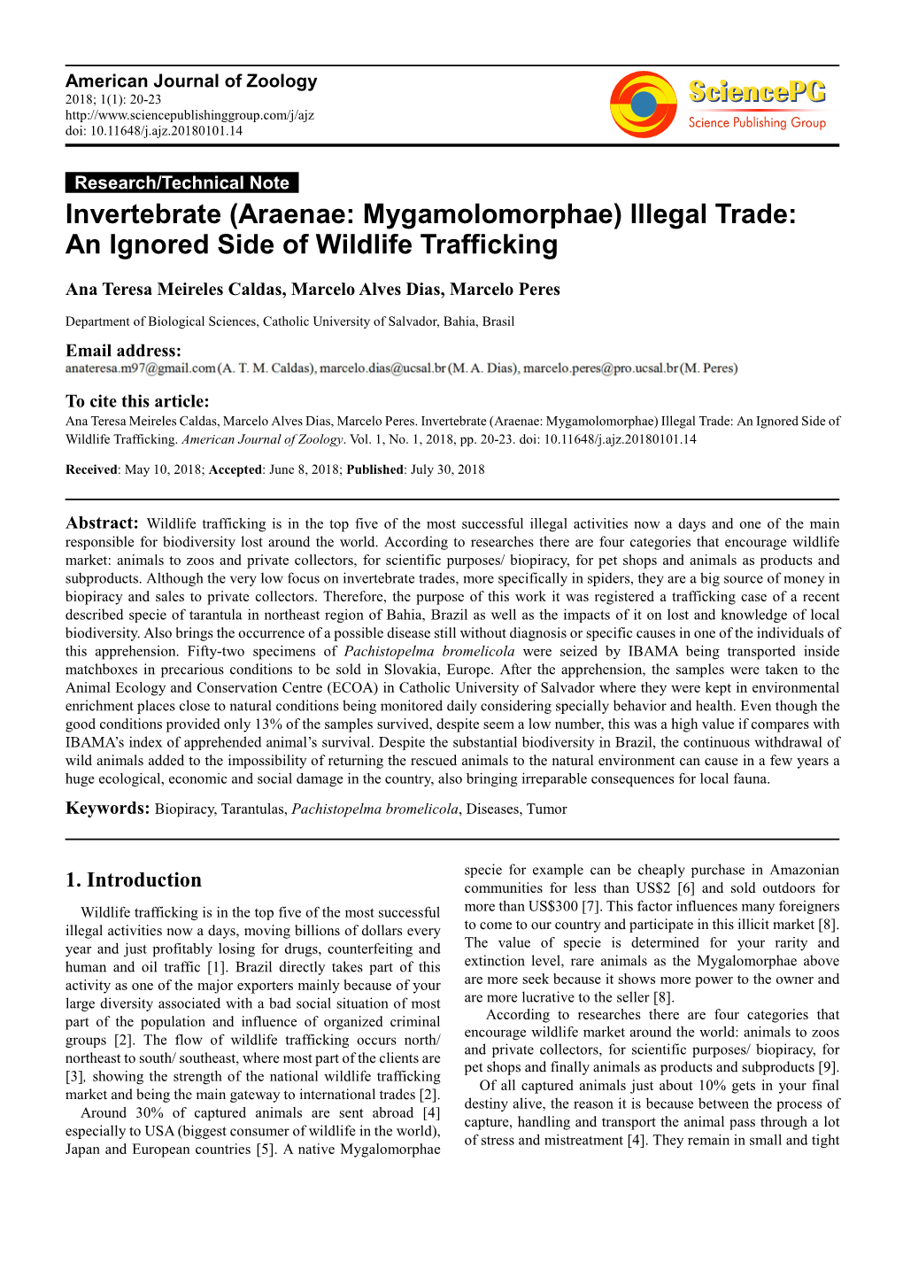 Invertebrate (Araenae: Mygamolomorphae) Illegal Trade: an Ignored Side of Wildlife Trafficking