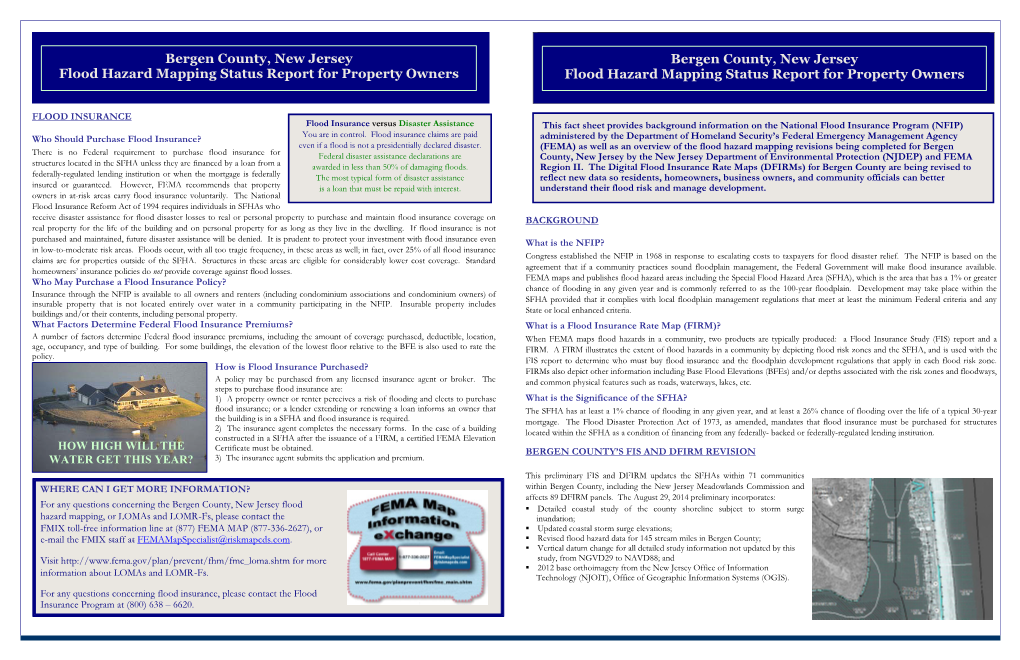 Bergen County, New Jersey Flood Hazard Mapping Status Report for Property Owners Flood Hazard Mapping Status Report for Property Owners