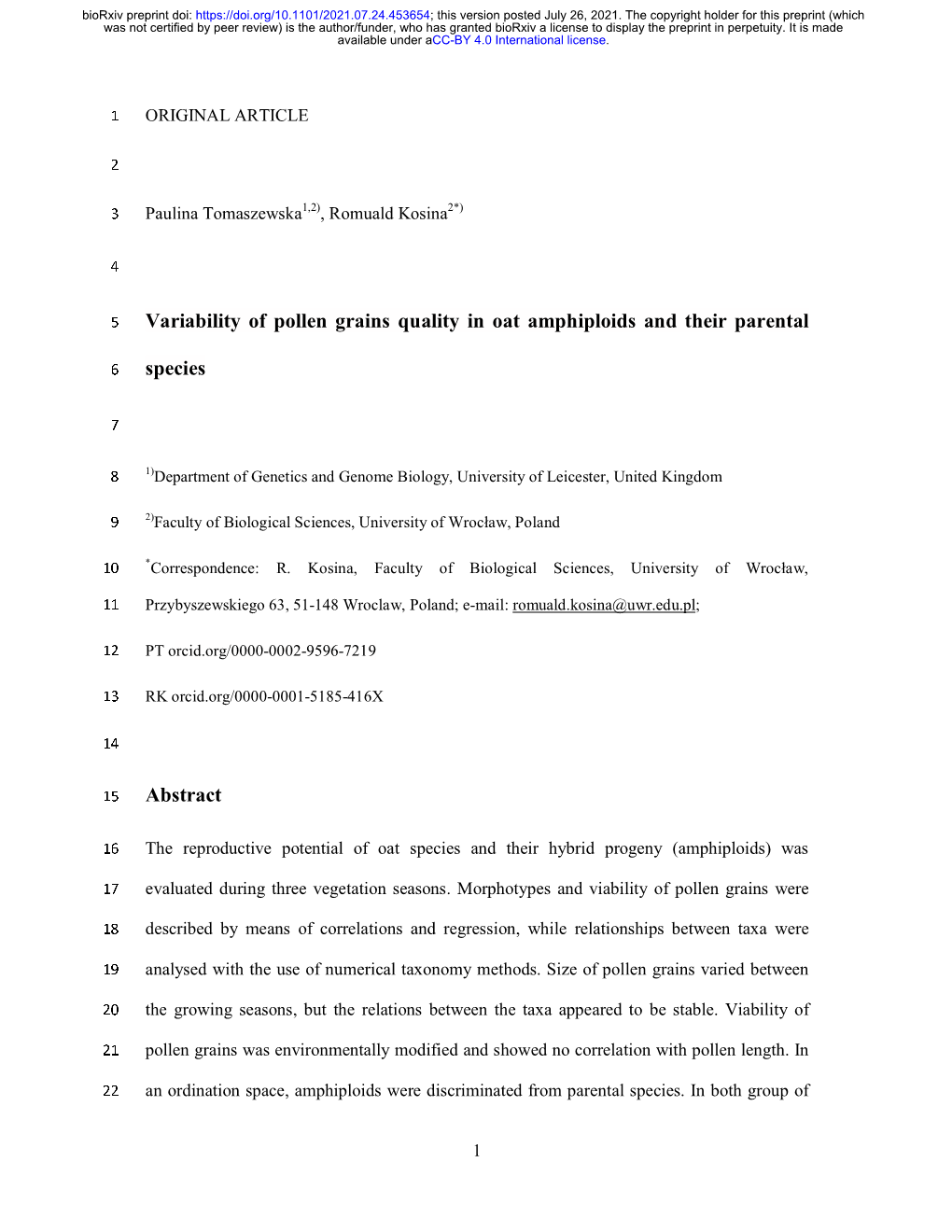 Variability of Pollen Grains Quality in Oat Amphiploids and Their Parental