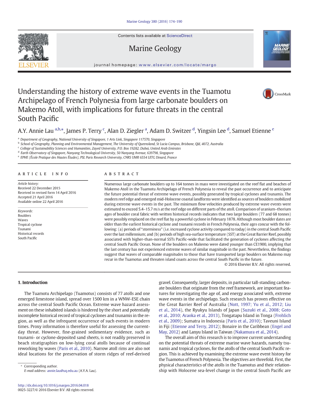 Understanding the History of Extreme Wave Events in the Tuamotu Archipelago of French Polynesia from Large Carbonate Boulders On