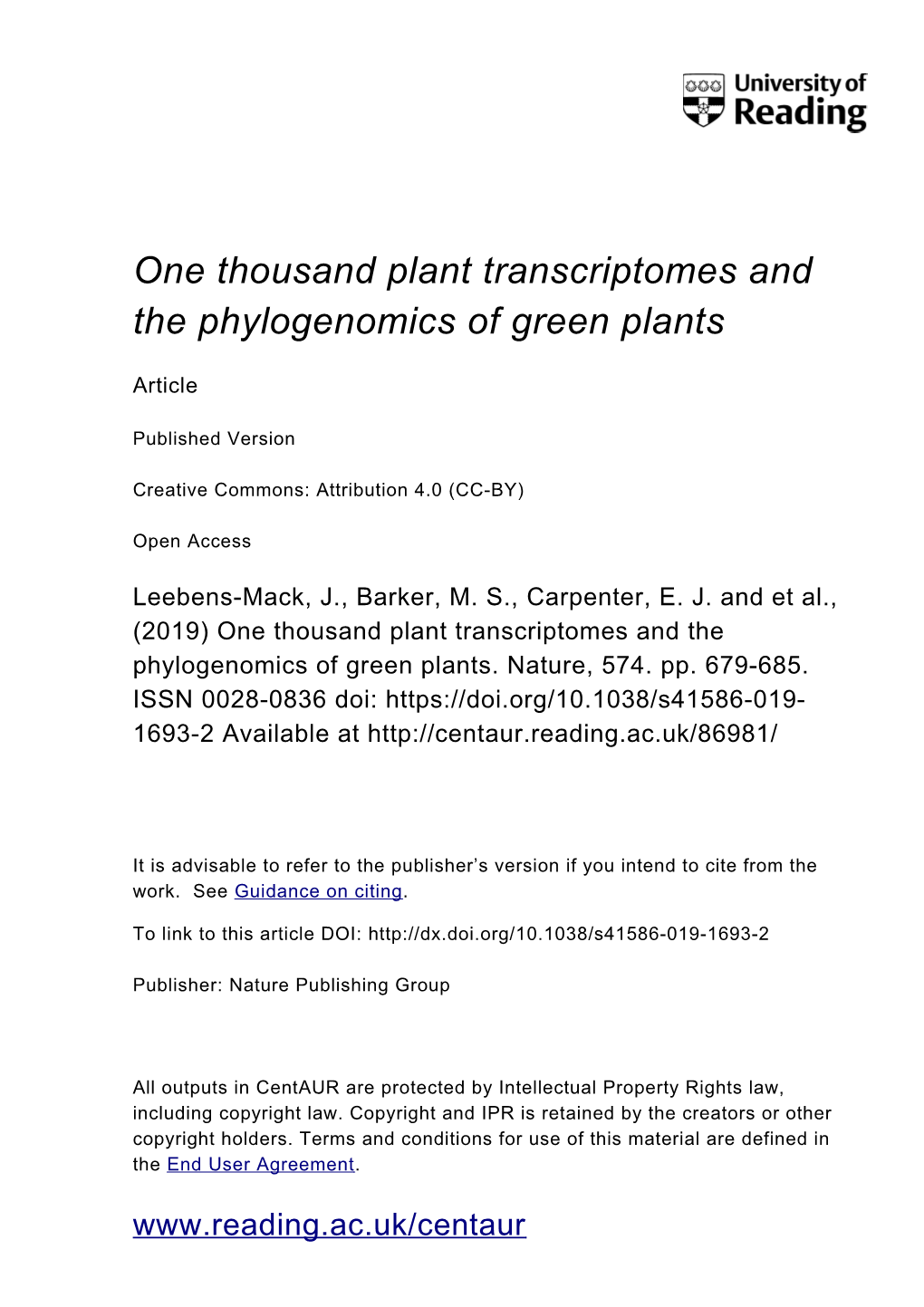 One Thousand Plant Transcriptomes and the Phylogenomics of Green Plants