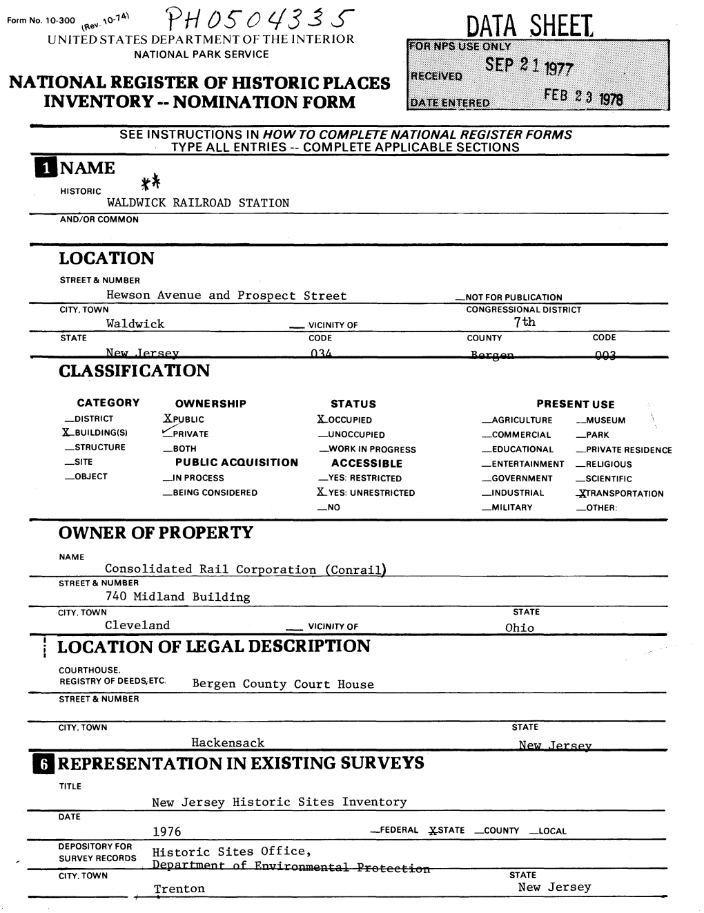 Data Sheet National Park Service National Register of Historic Places Inventory -- Nomination Form