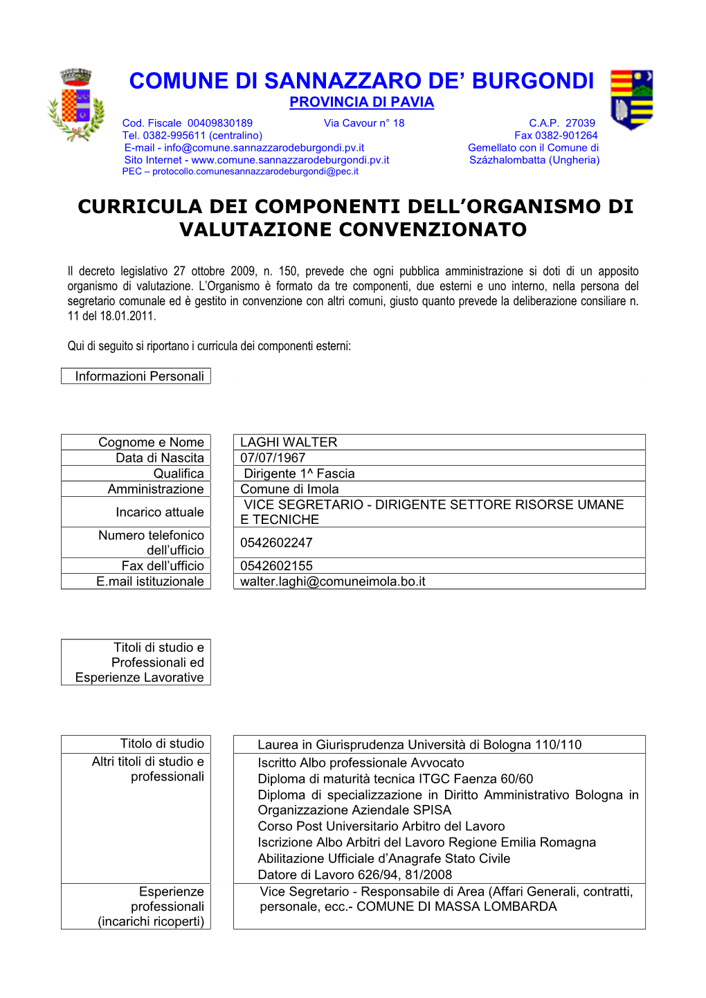 Curricula Dei Componenti Dell'organismo Di Valutazione Convenzionato