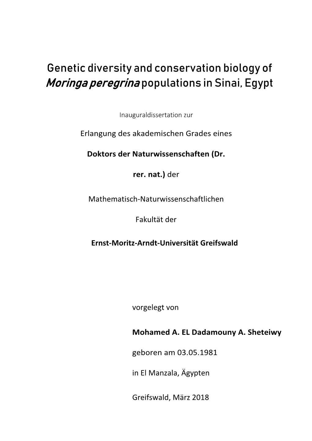 Genetic Diversity and Conservation Biology of Moringa Peregrina Populations in Sinai, Egypt