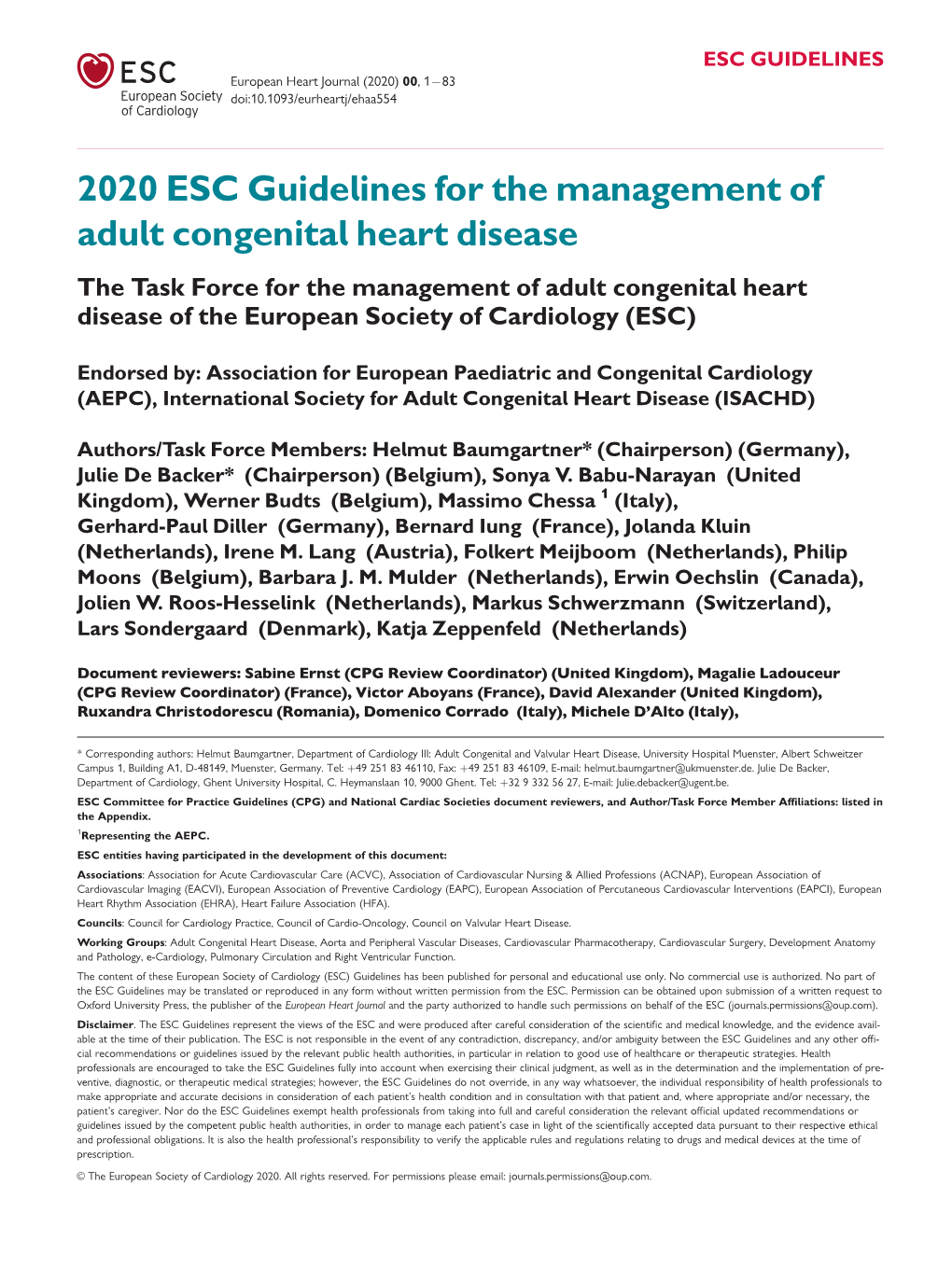 2020 ESC Guidelines for the Management of Adult Congenital