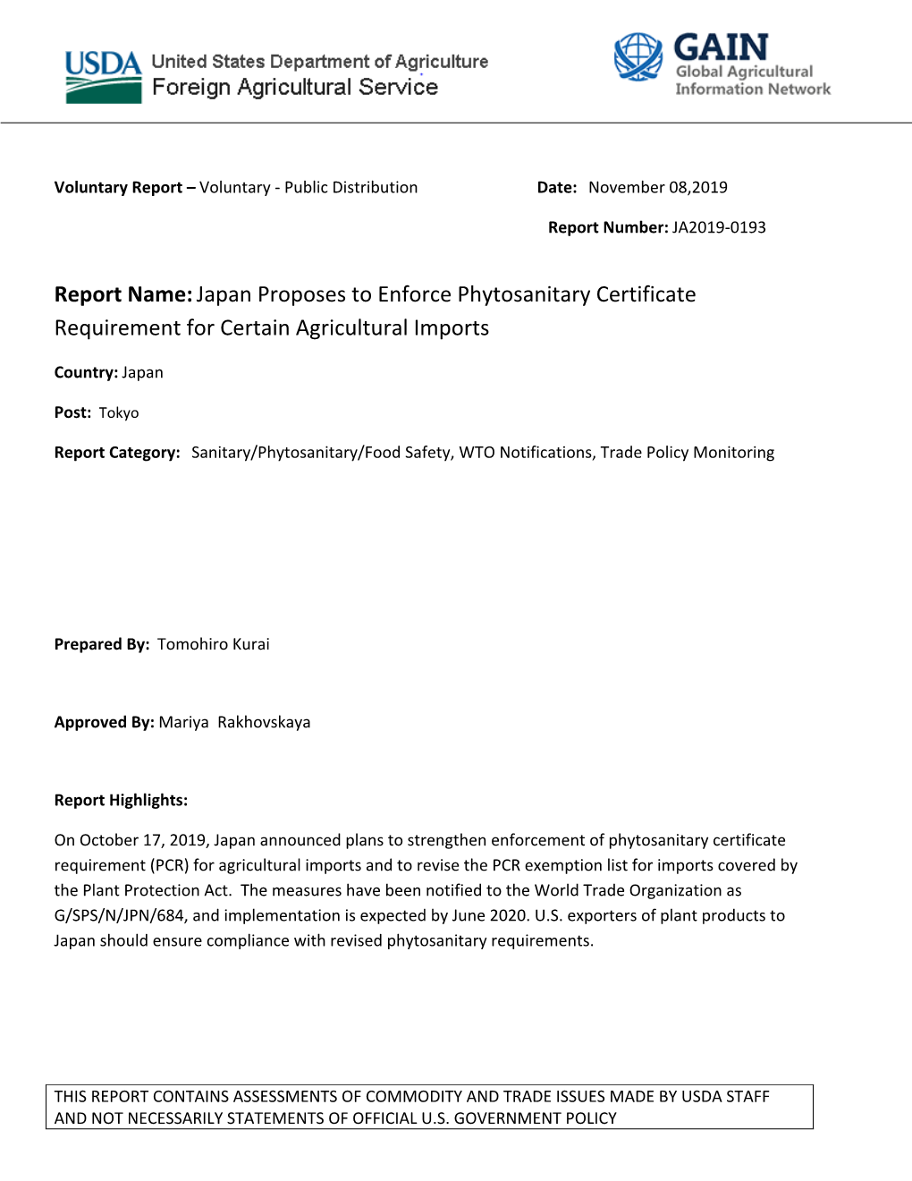 Report Name:Japan Proposes to Enforce Phytosanitary Certificate