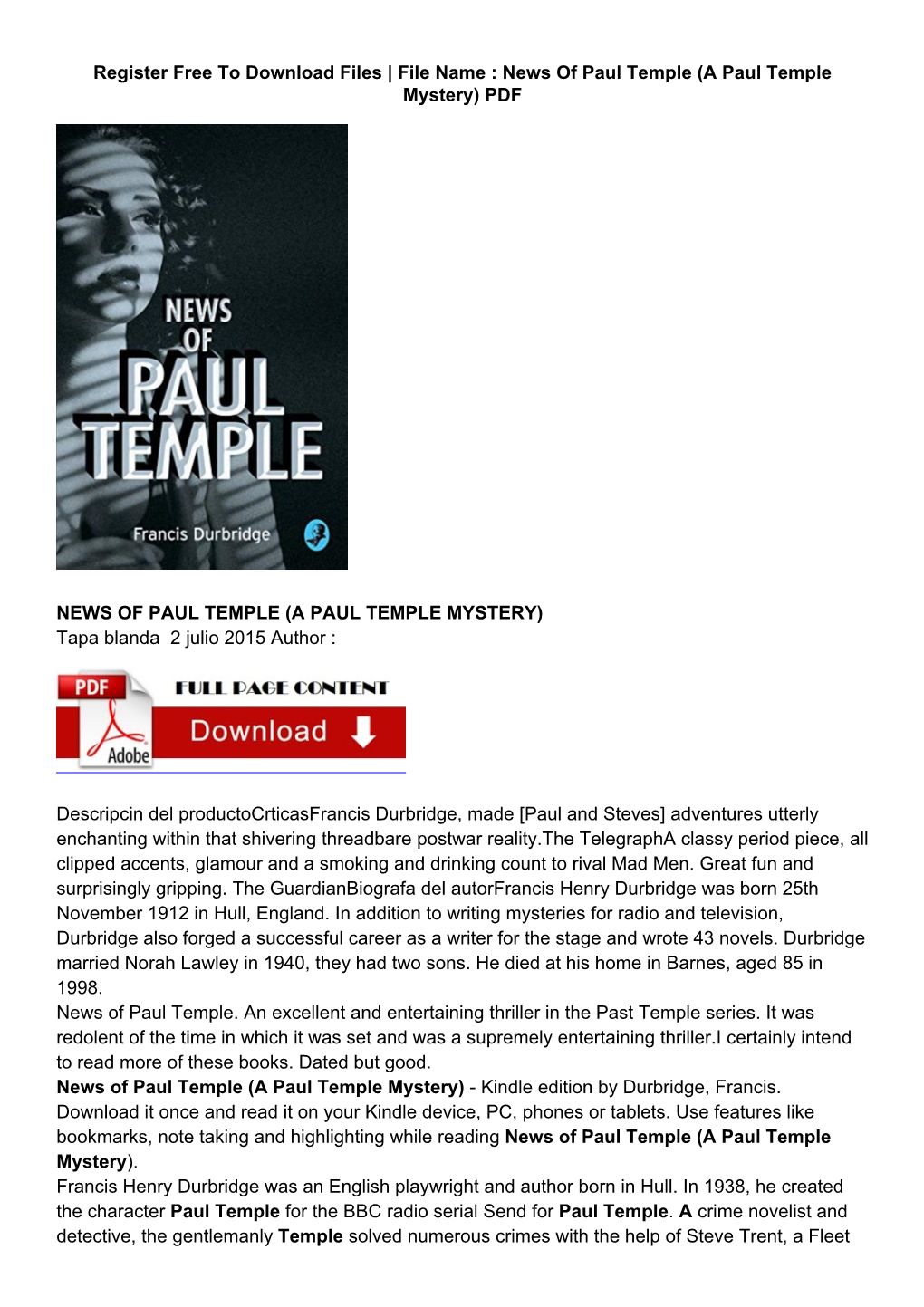 A Paul Temple Mystery) PDF