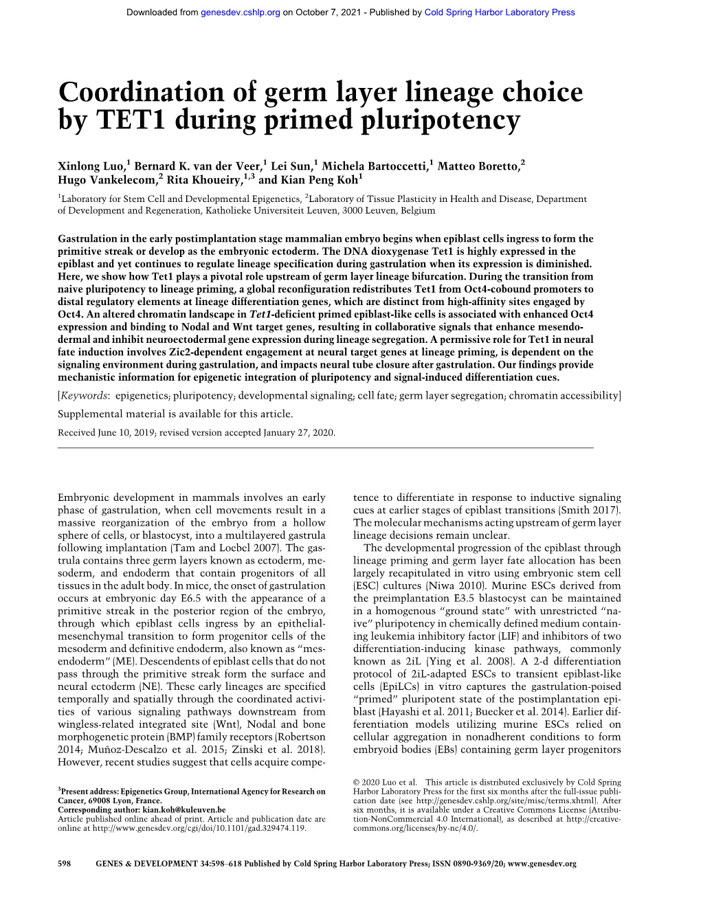 Coordination of Germ Layer Lineage Choice by TET1 During Primed Pluripotency