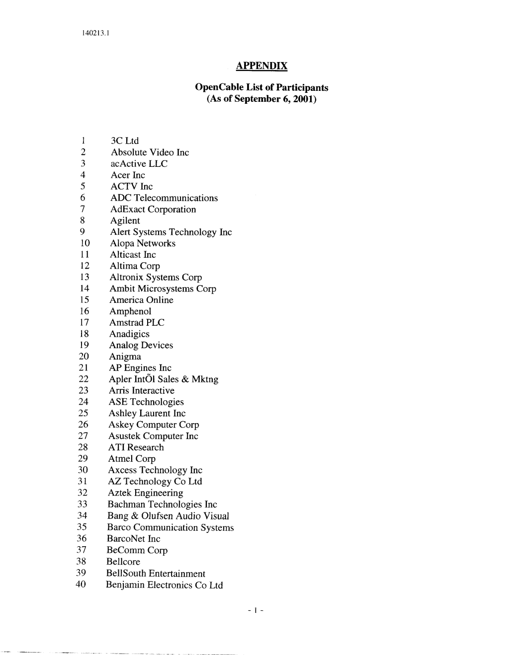 APPENDIX Opencable List of Participants