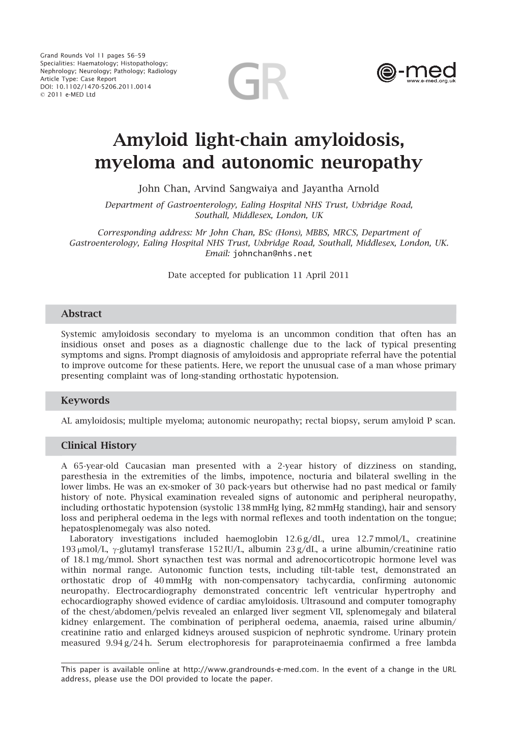 Amyloid Light-Chain Amyloidosis, Myeloma and Autonomic Neuropathy