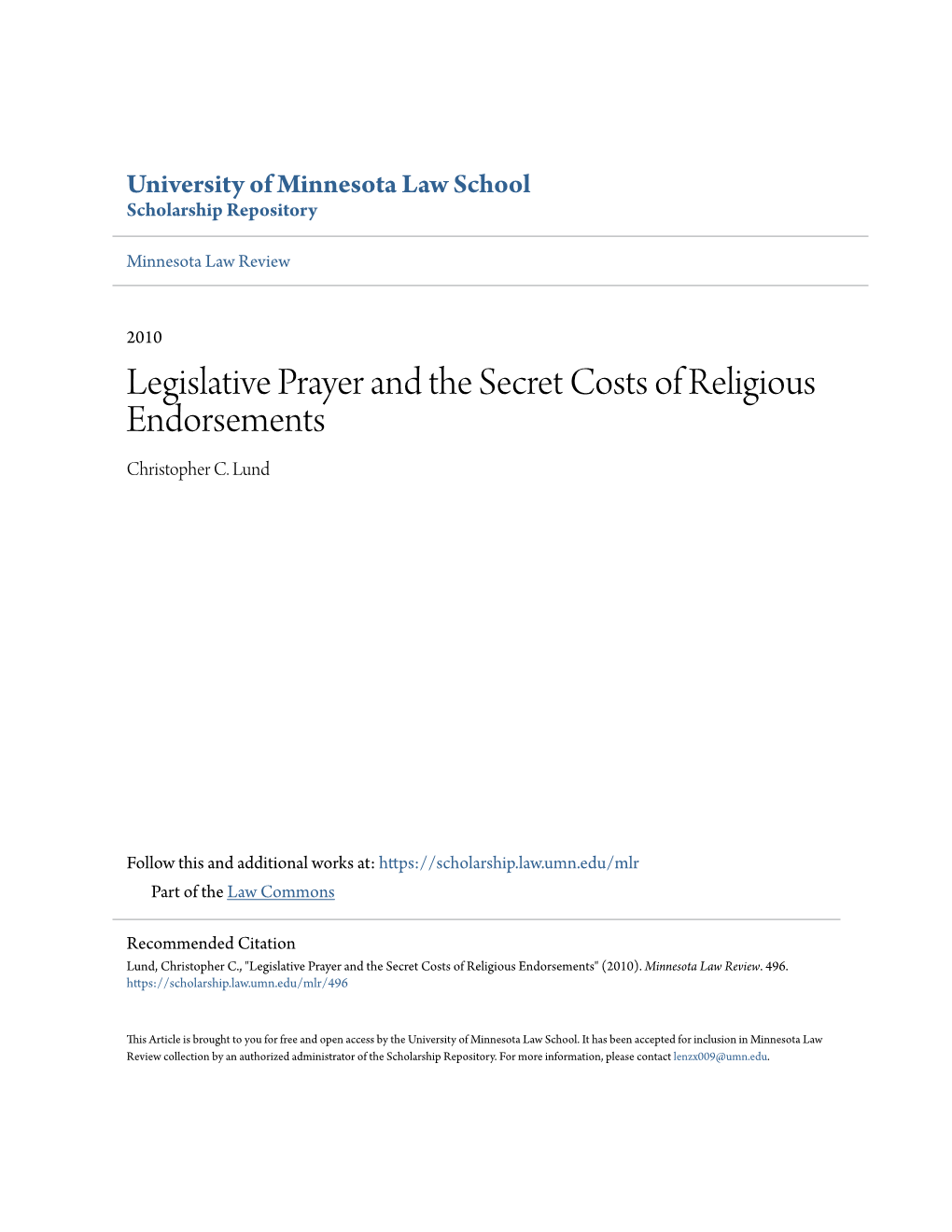 Legislative Prayer and the Secret Costs of Religious Endorsements Christopher C