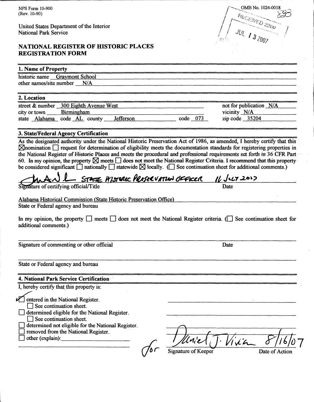 United Stages Department of the Interior National Park Service NATIONAL REGISTER of HISTORIC PLACES REGISTRATION FORM 1. Name Of