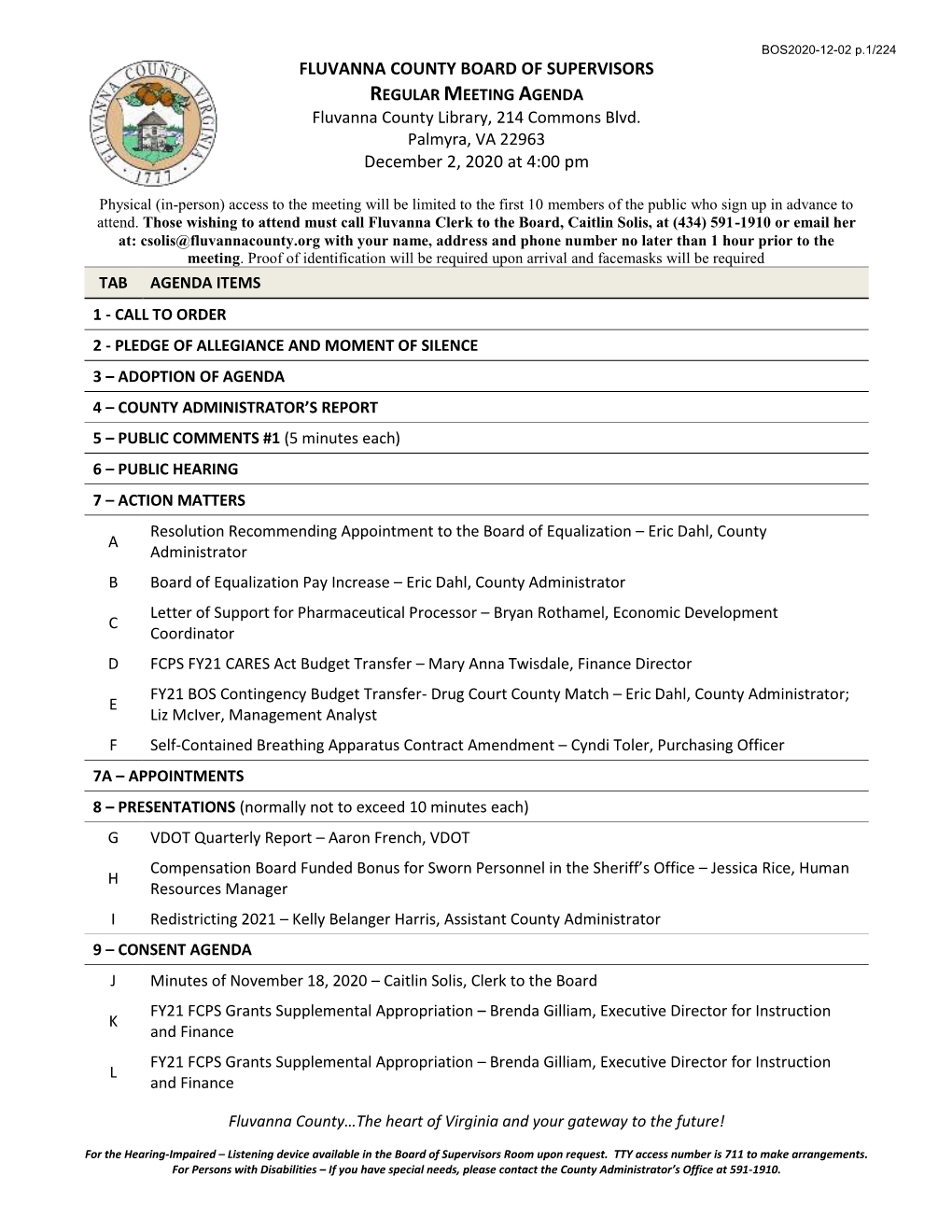 FLUVANNA COUNTY BOARD of SUPERVISORS December 2, 2020