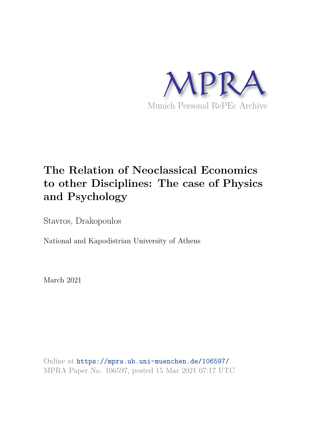 The Relation of Neoclassical Economics to Other Disciplines: the Case of Physics and Psychology