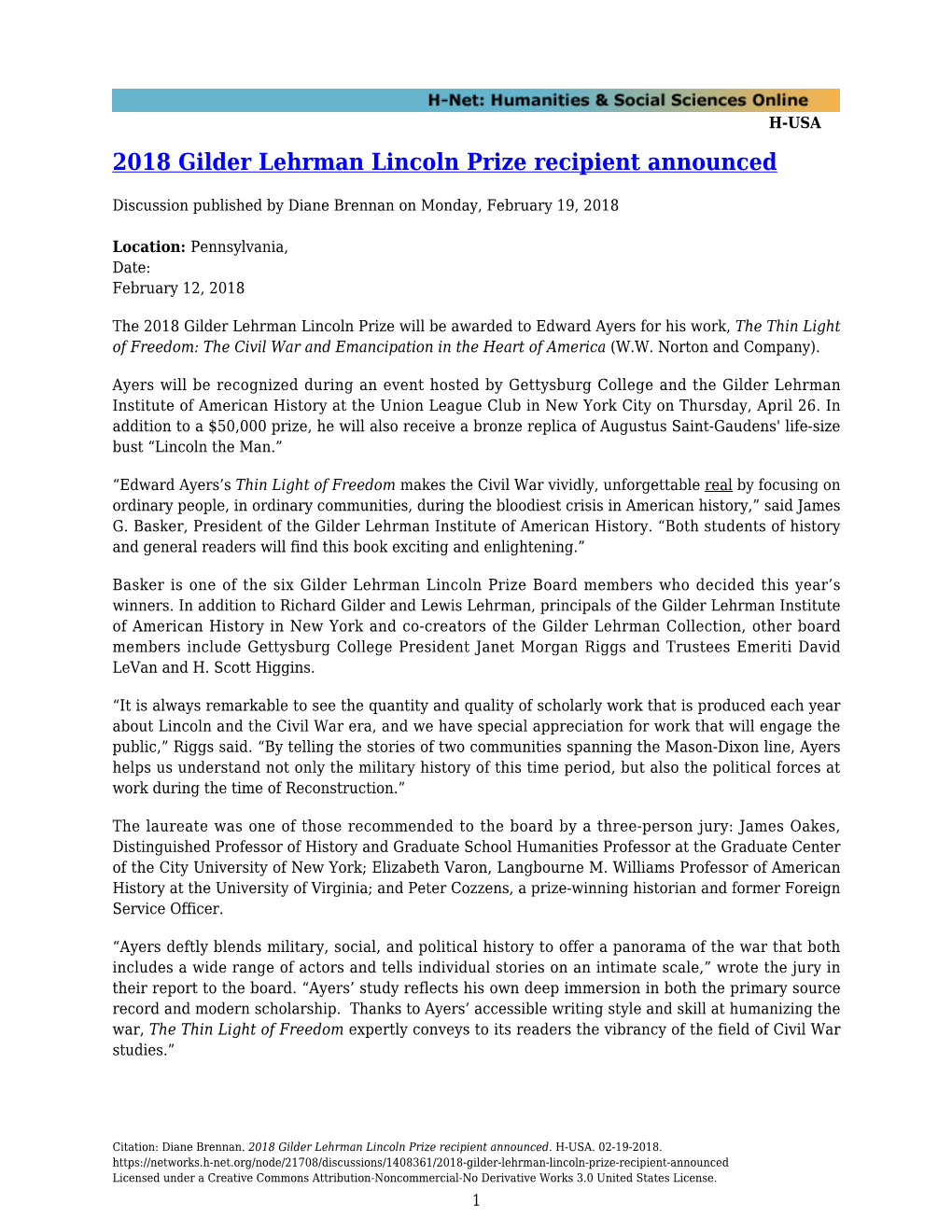 2018 Gilder Lehrman Lincoln Prize Recipient Announced