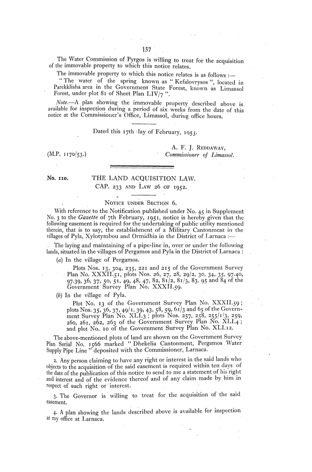 157 the Water Commission of Pyrgos Is Willing to Treat for the Acquisition of the Immovable Property to Which This Notice Relates