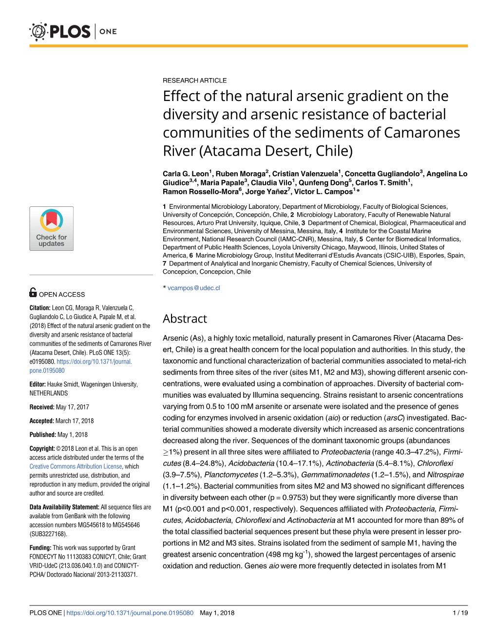 Effect of the Natural Arsenic Gradient on the Diversity and Arsenic Resistance of Bacterial Communities of the Sediments of Camarones River (Atacama Desert, Chile)