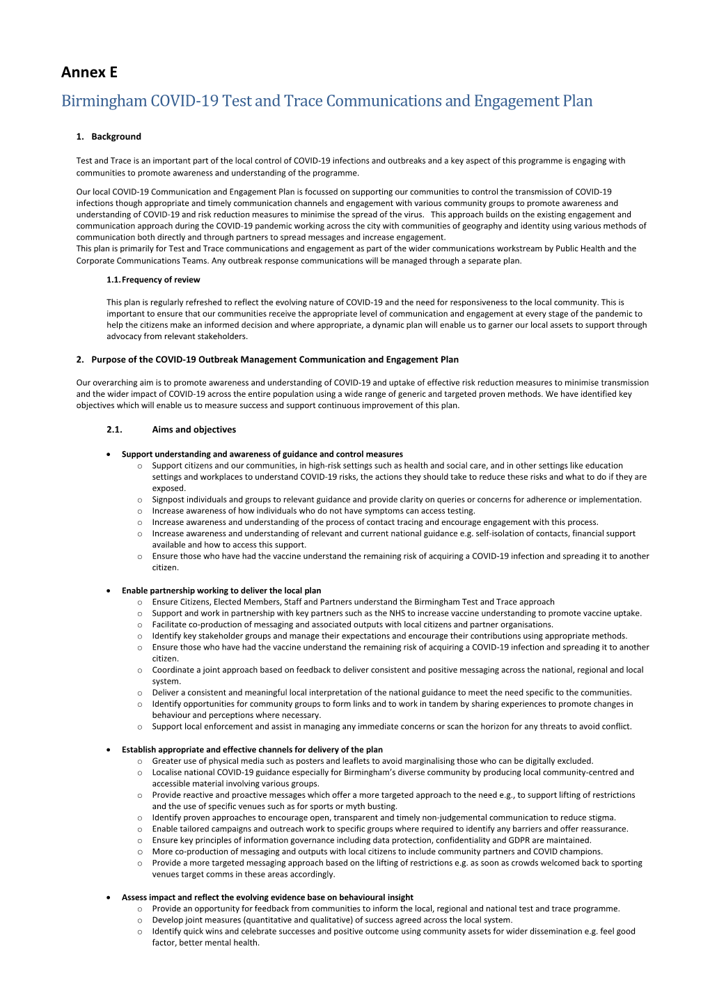 Annex E Birmingham COVID-19 Test and Trace Communications and Engagement Plan