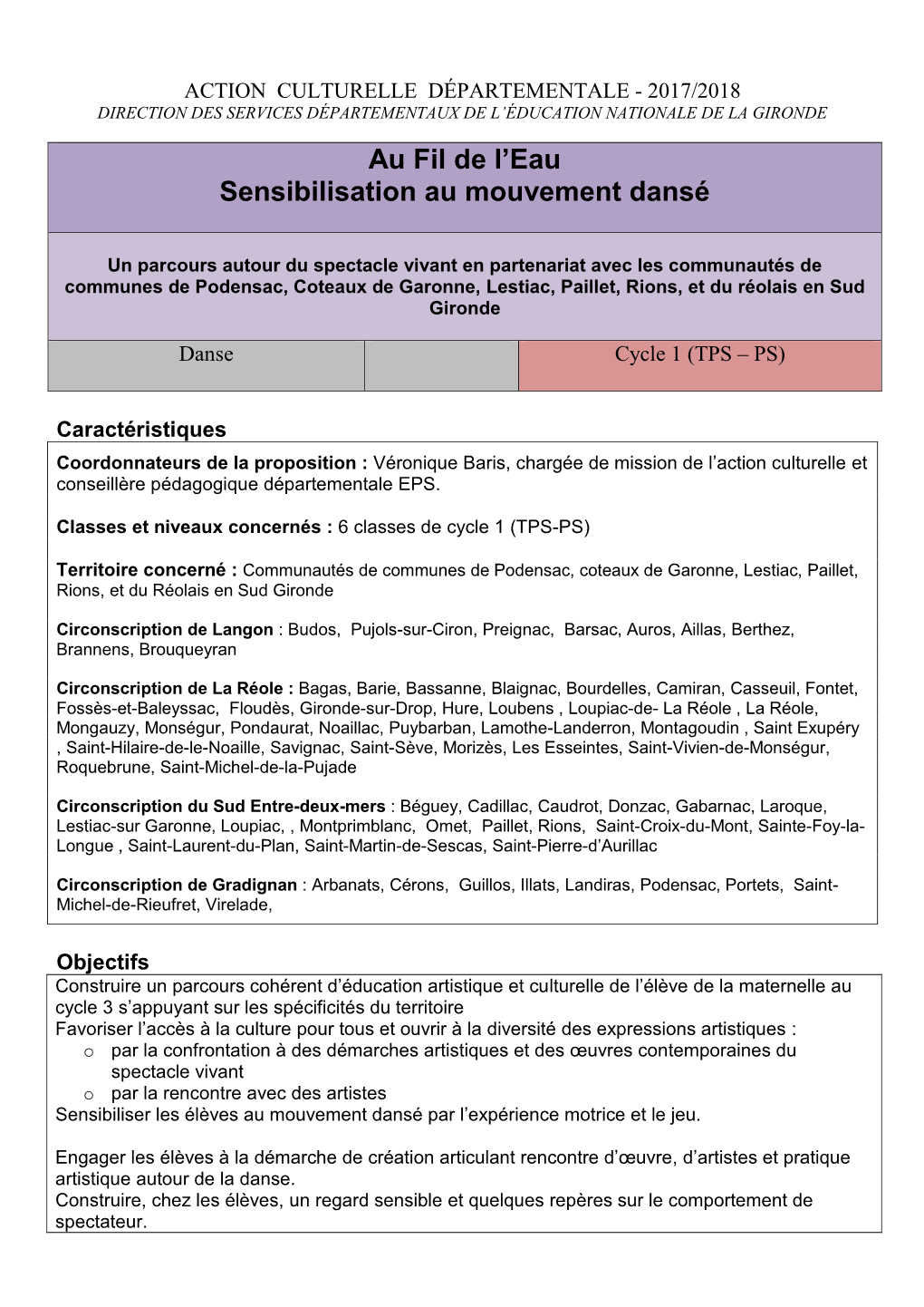 Fiche Descriptive De Proposition Départementale Pour L'élaboration