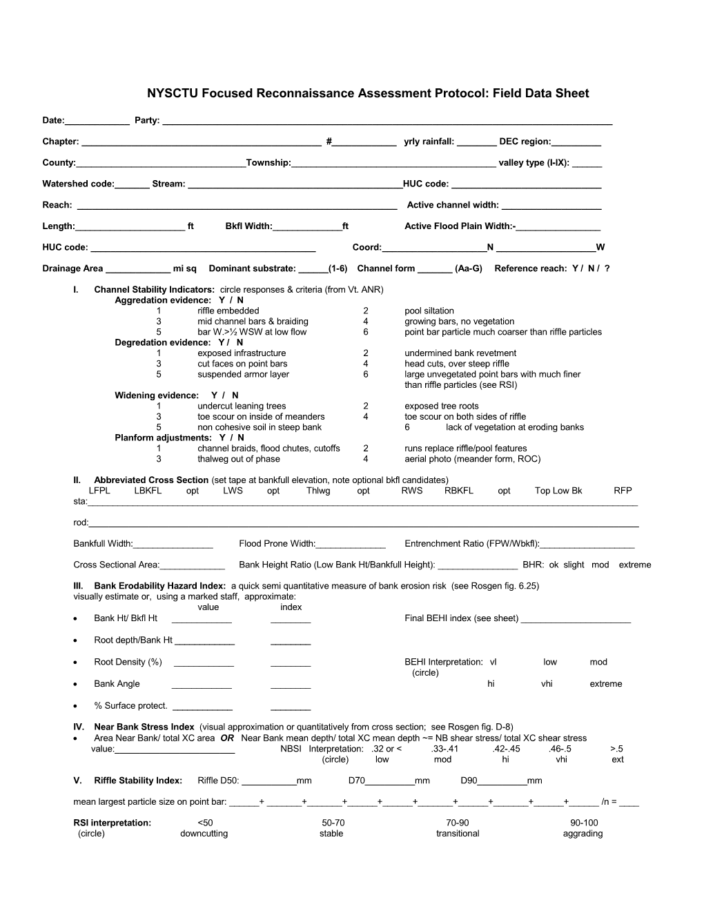 NYSCTU Focused Reconnaissance Assessment Protocol: Field Data Sheet