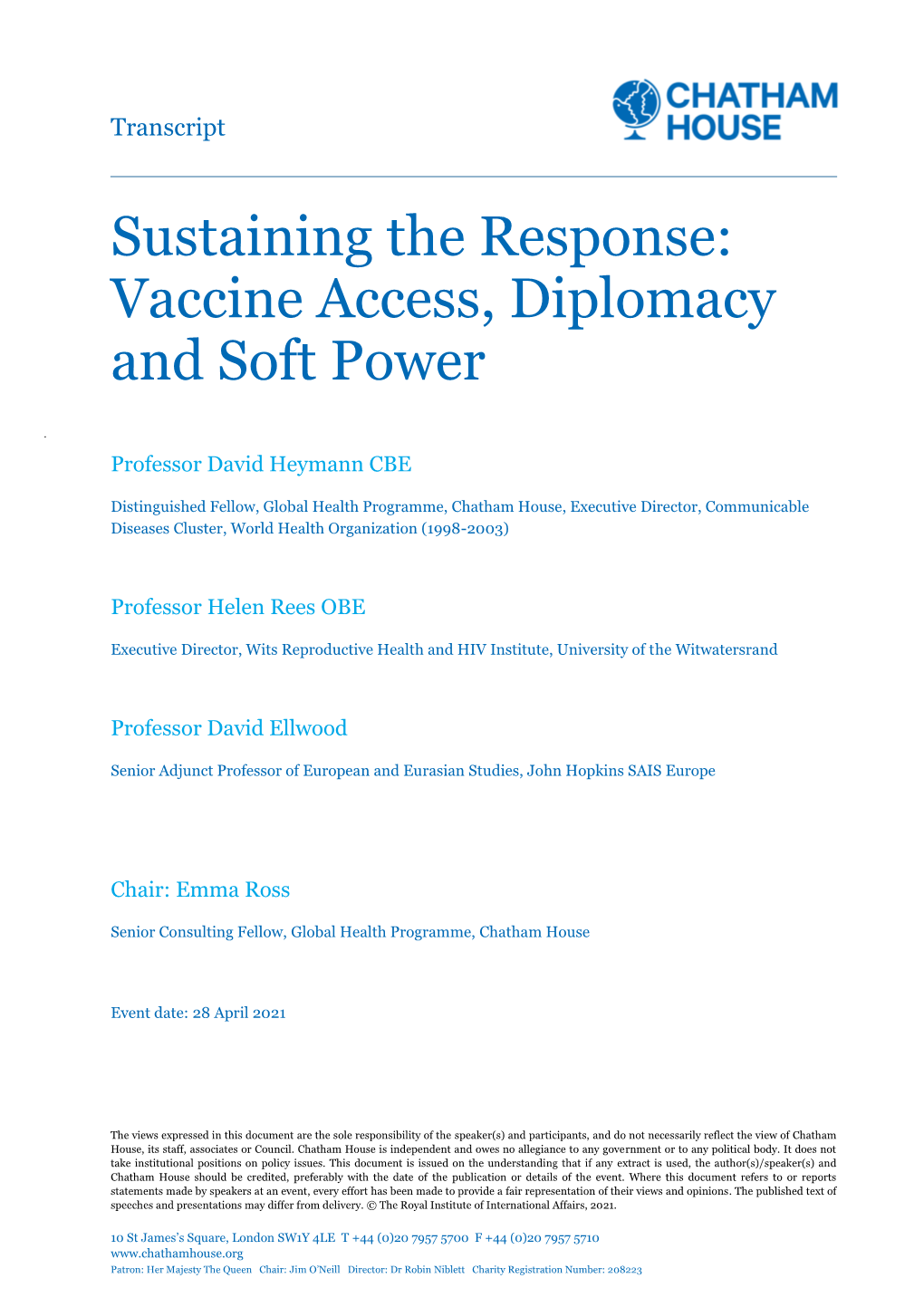 Sustaining the Response: Vaccine Access, Diplomacy and Soft Power