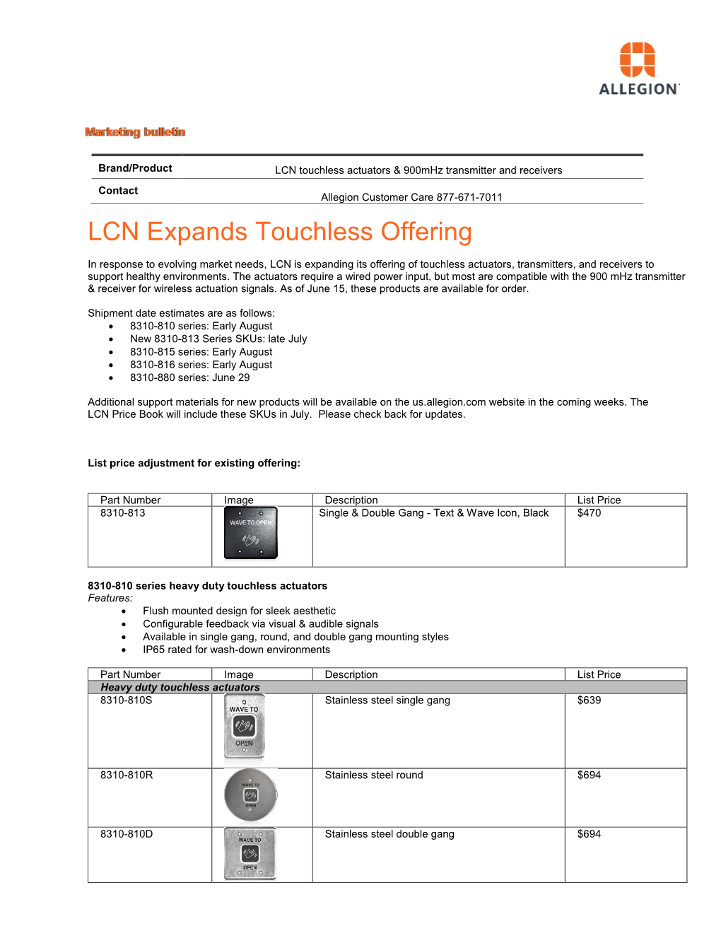 Touchless Actuator Bulletin