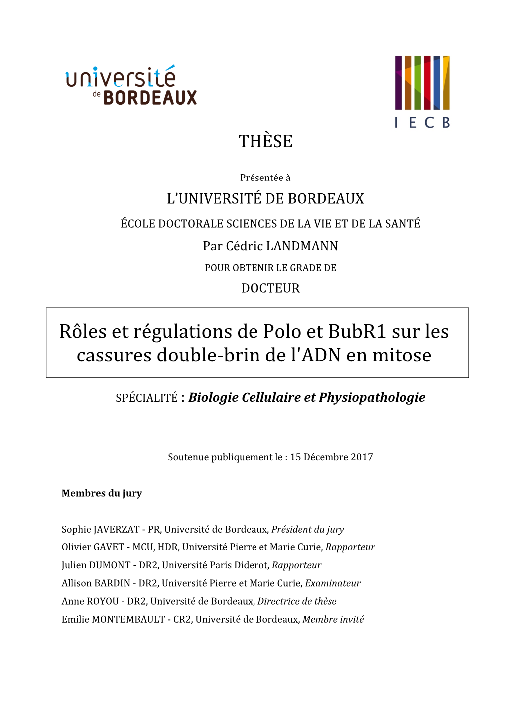 Rôles Et Régulations De Polo Et Bubr1 Sur Les Cassures Double-Brin De L'adn En Mitose