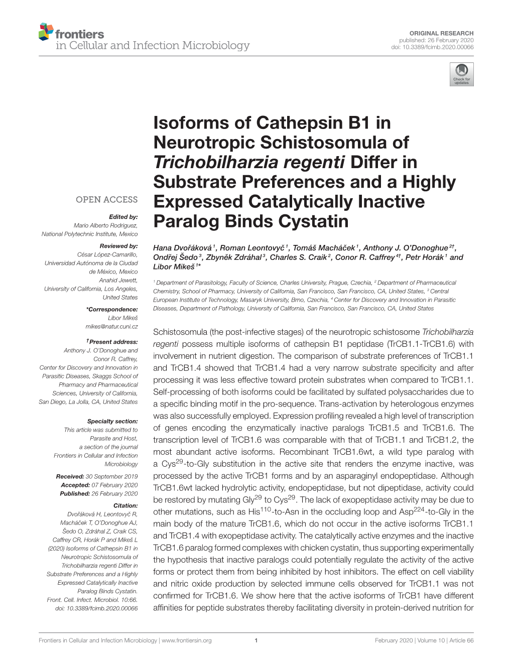 Isoforms of Cathepsin B1 in Neurotropic Schistosomula Of