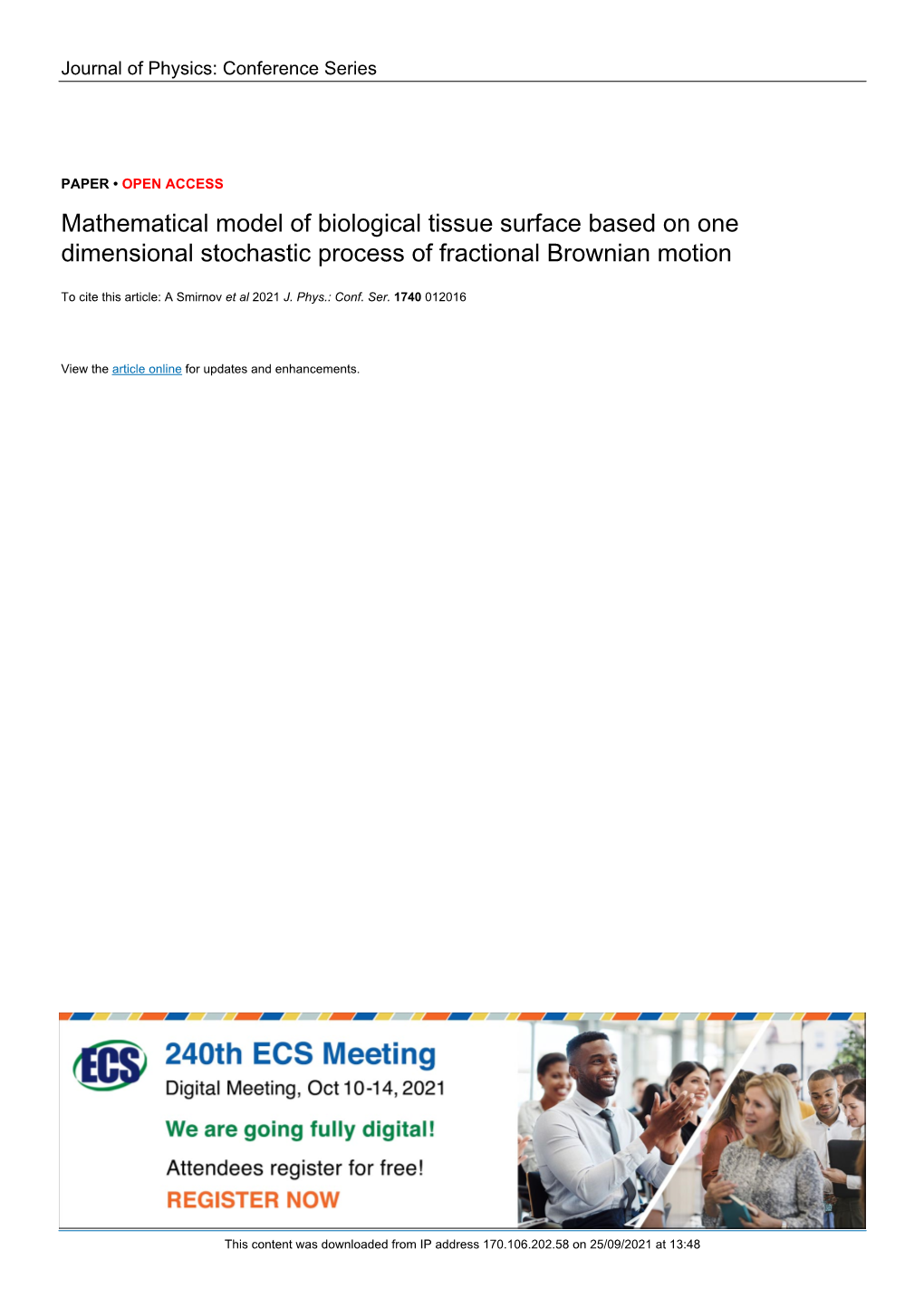 Mathematical Model of Biological Tissue Surface Based on One Dimensional Stochastic Process of Fractional Brownian Motion