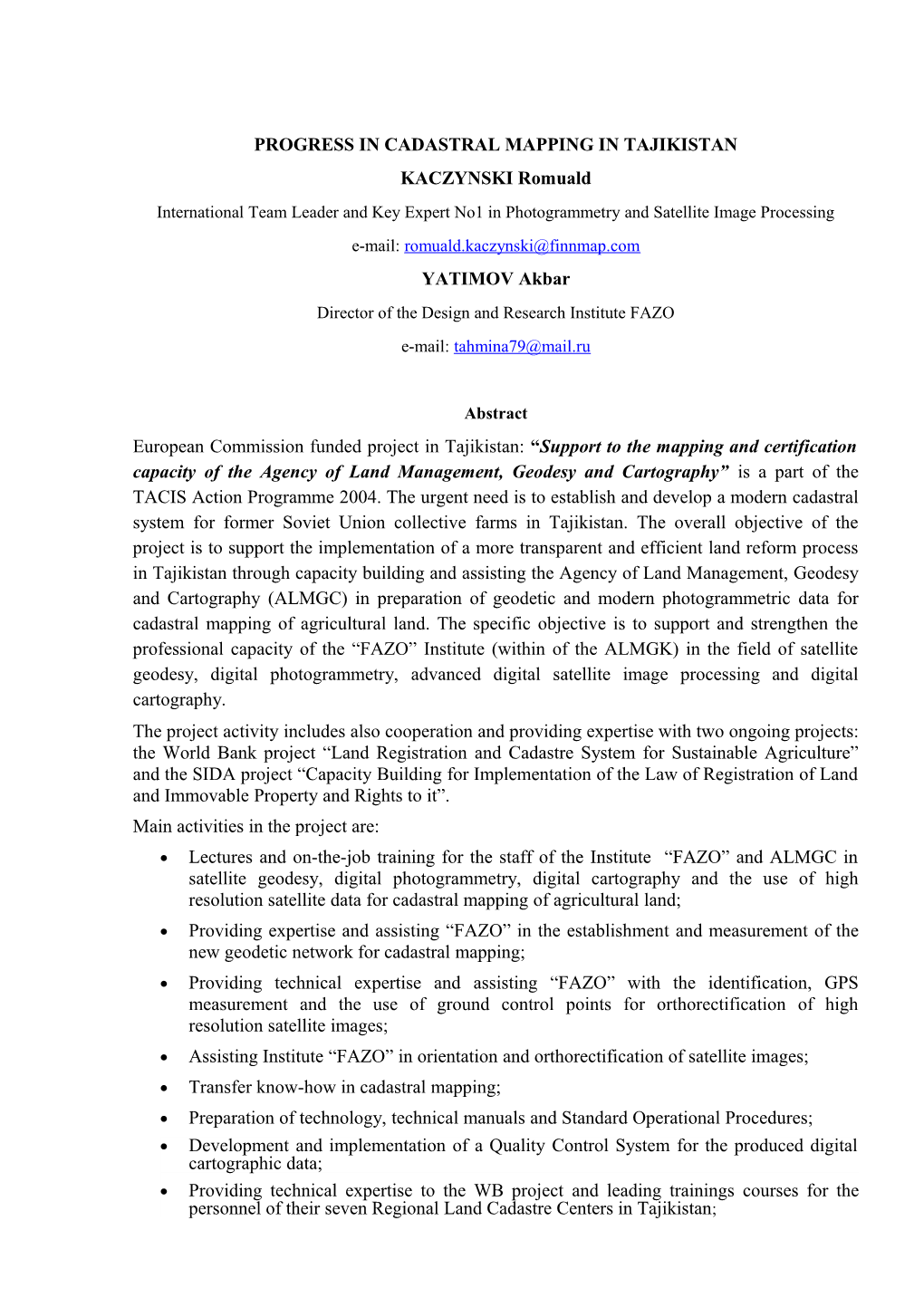 Progress in Cadastral Mapping in Tajikistan