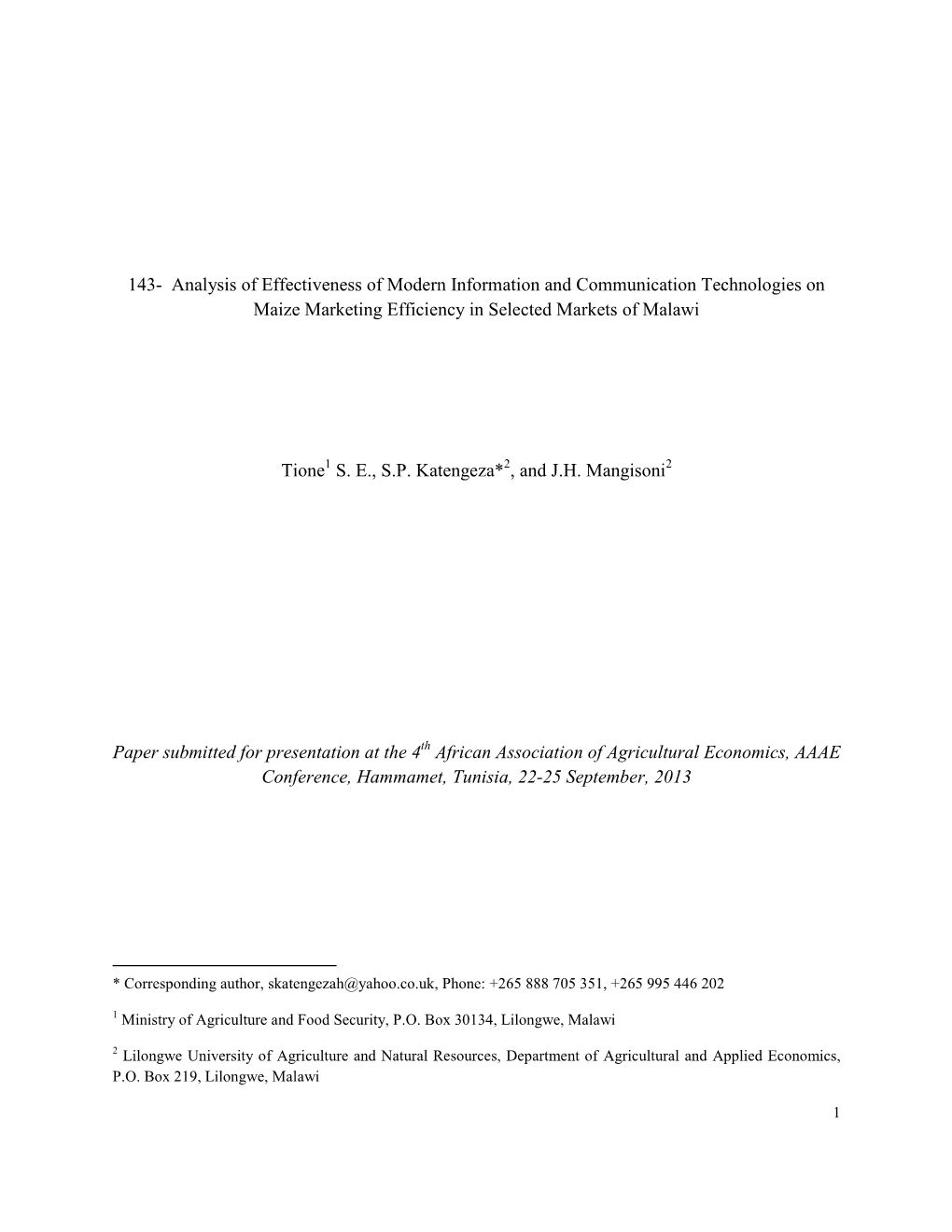 Analysis of Effectiveness of Modern Information and Communication Technologies on Maize Marketing Efficiency in Selected Markets of Malawi