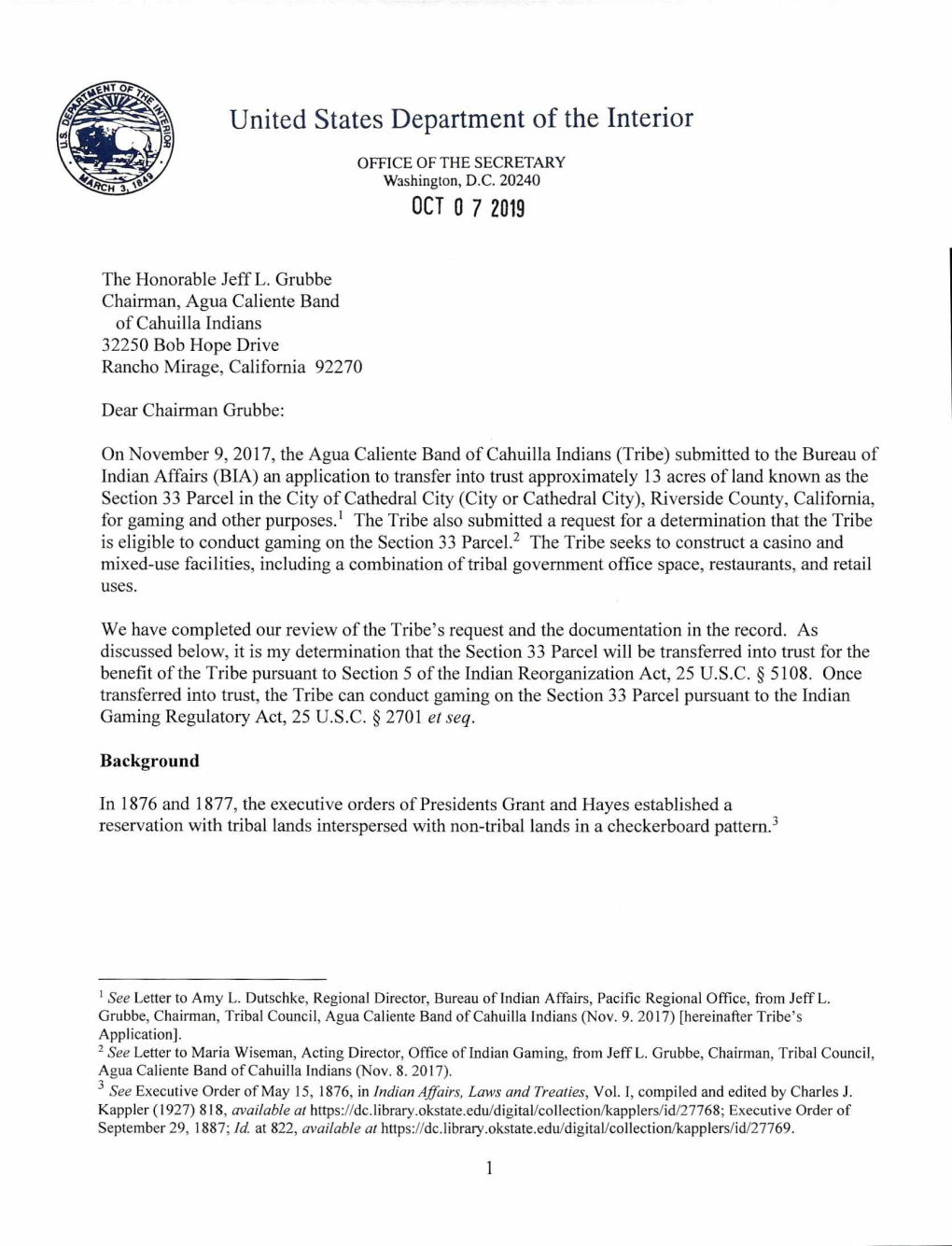 Agua Caliente Band of Cahuilla Indians Signed Decision Letter 10