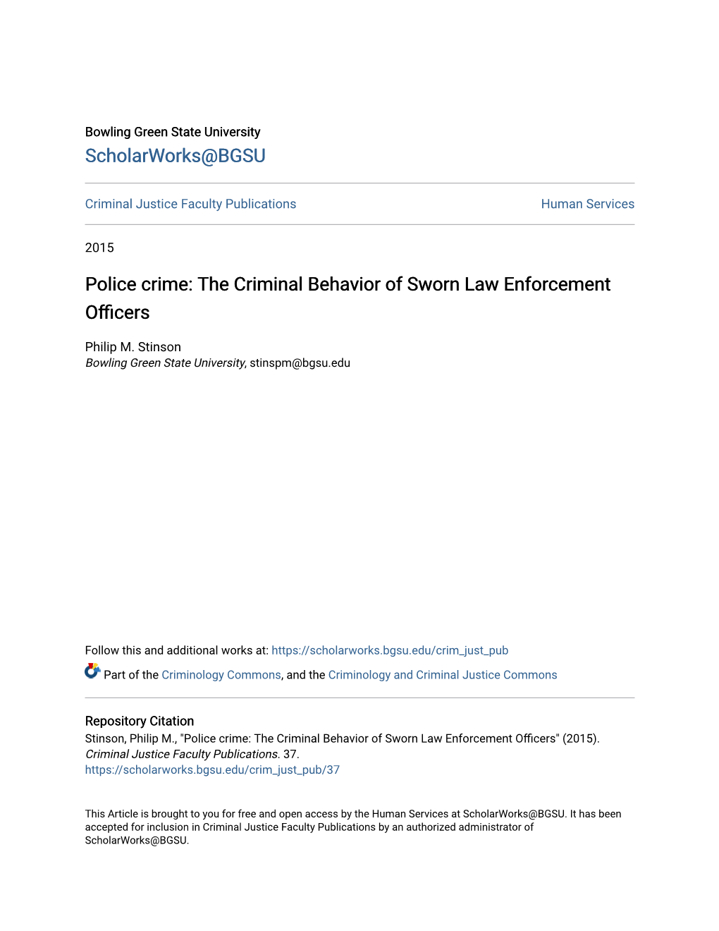 Police Crime: the Criminal Behavior of Sworn Law Enforcement Officers