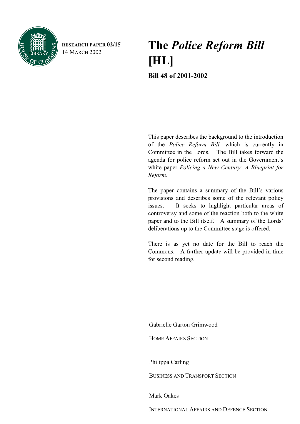 The Police Reform Bill 14 MARCH 2002 [HL] Bill 48 of 2001-2002