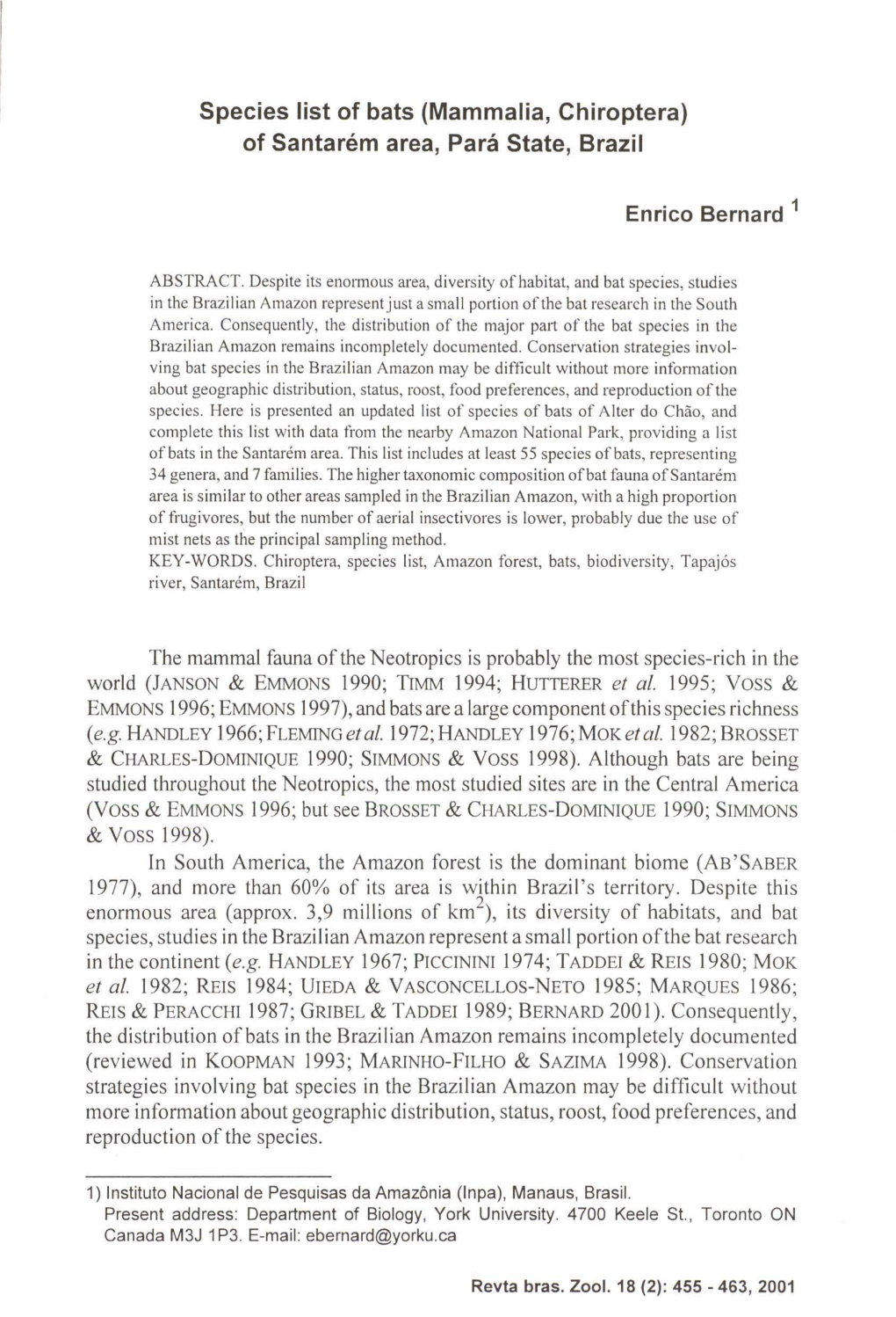 Species List of Bats (Mammalia, Chiroptera) of Santarem Area, Para State, Brazil