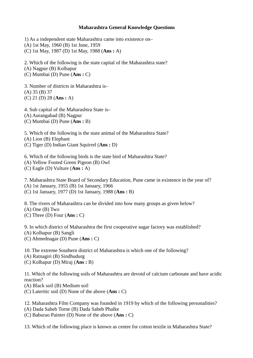 Maharashtra General Knowledge Questions 1) As A