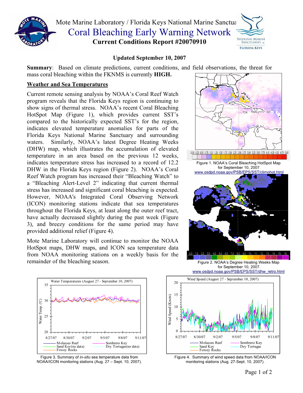 Coral Bleaching Early Warning Network Current Conditions Report #20070910